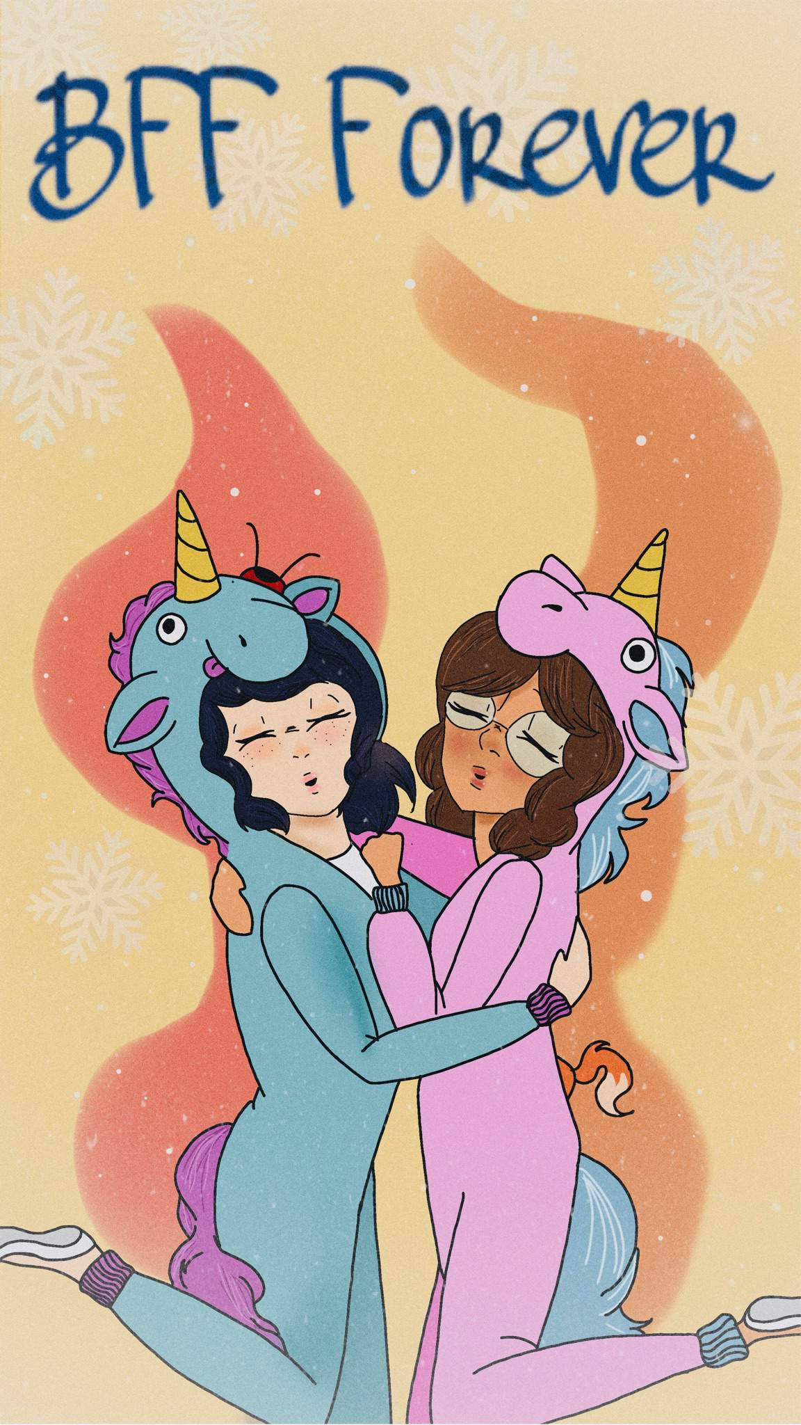 可愛 桌布 壁紙 — 兩個穿著獨角獸連體衣的女孩在雪景背景下溫暖擁抱，上方有「BFF Forever」字樣。