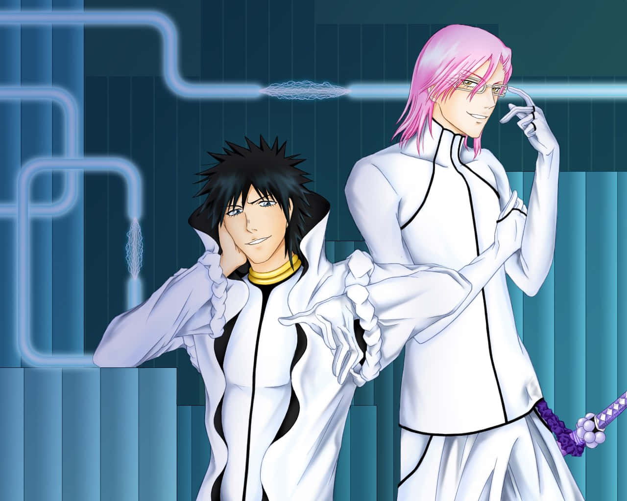 Szayelaporro Granz 桌布 壁紙 — 兩個穿著白色制服嘅動漫角色喺發光藍色數碼背景前自信地擺姿勢。