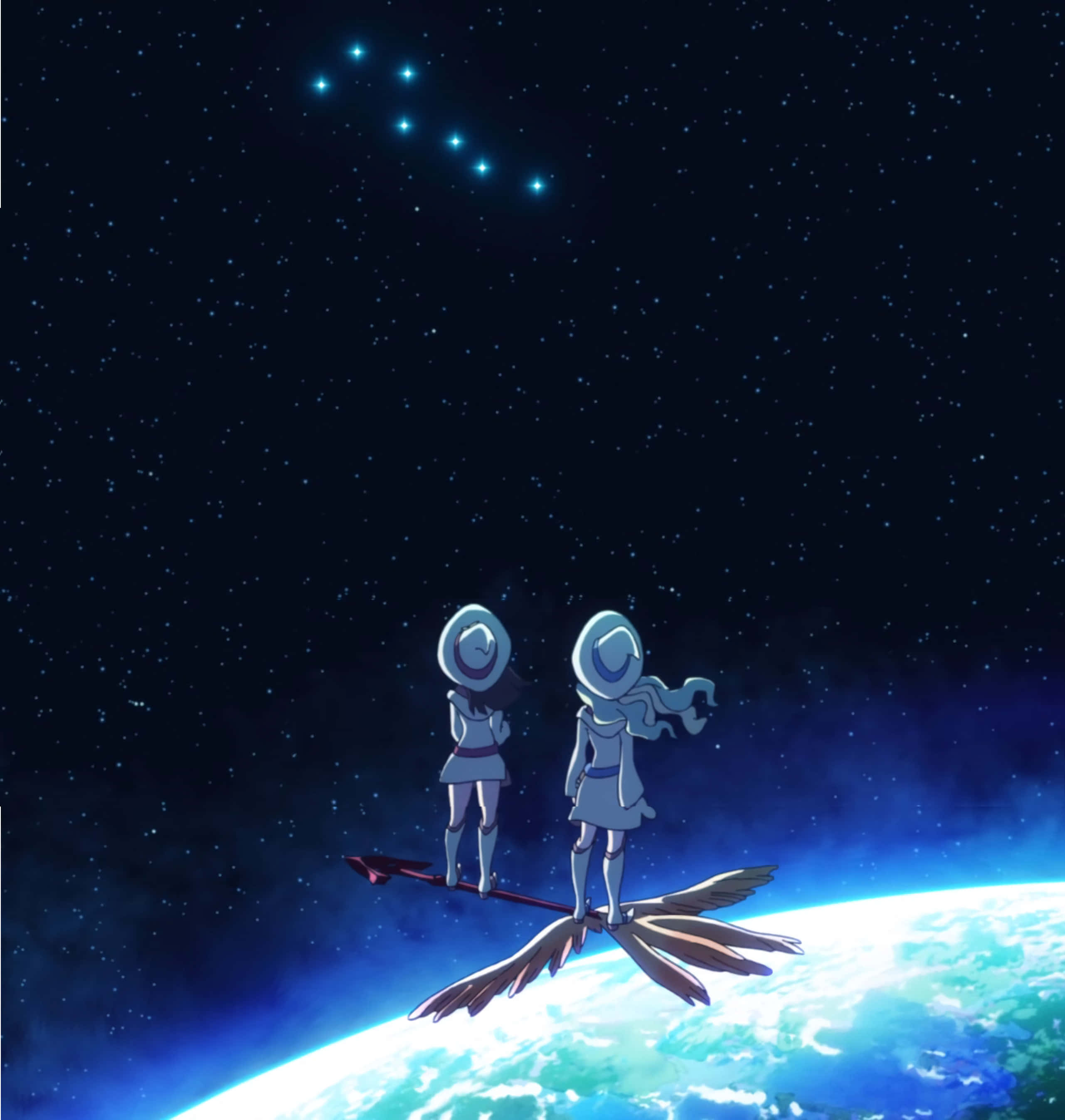 Manga Universe 桌布 壁紙 — 兩個穿著白色服裝的動漫女孩站在帶翼的箭上，在星空下地球彎曲的地平線上方。