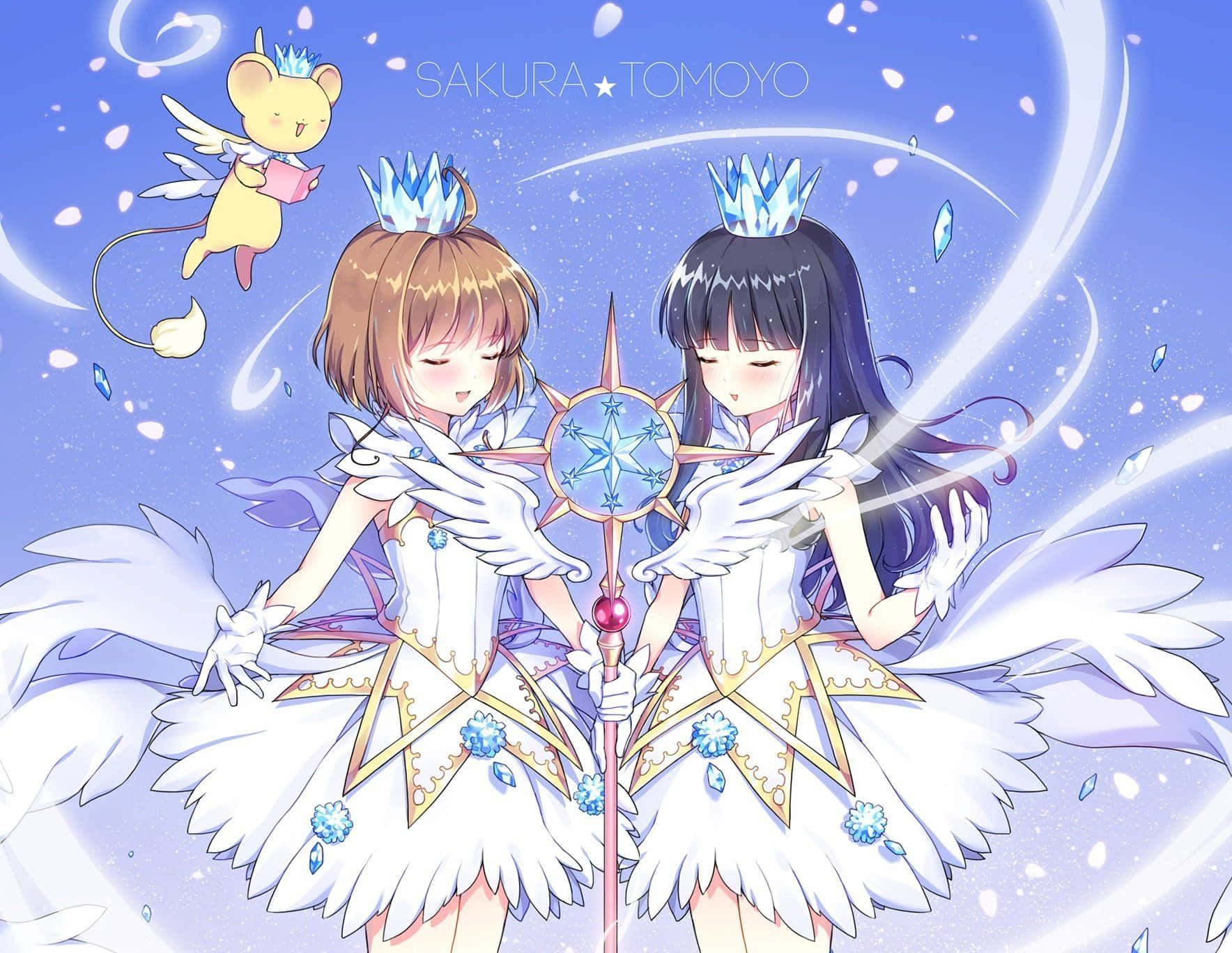 Cardcaptor Sakura is ready for her next big adventure! 壁紙 — 兩個穿著白色羽毛魔法服裝的動漫女孩，在新月下拿著發光的手杖，還有一隻飛鼠同伴。