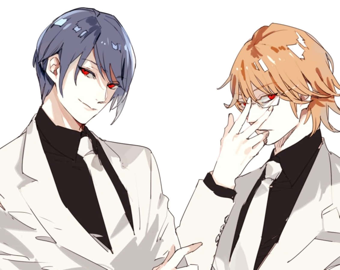 Nishiki Nishio 桌布 壁紙 — 兩個穿著白色西裝、紅眼睛的動漫男子，一個在冷笑，另一個用手遮住臉。