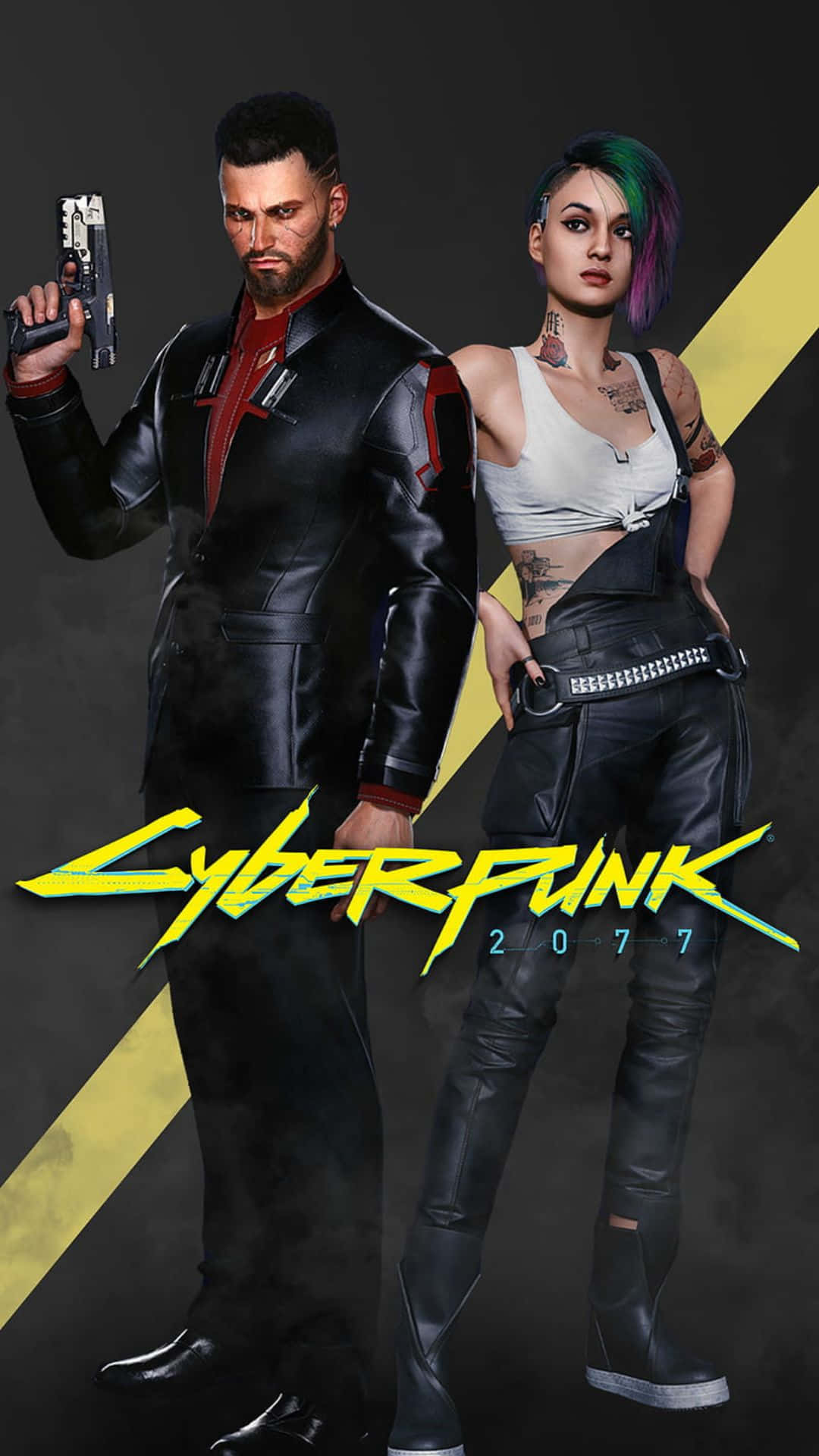 Cyberpunk 2077 Characters 桌布 壁紙 — 兩個穿著皮革裝備的賽博龐克角色站在黑暗背景前，背景有醒目的黃色對角線條和發光的霓虹標題。