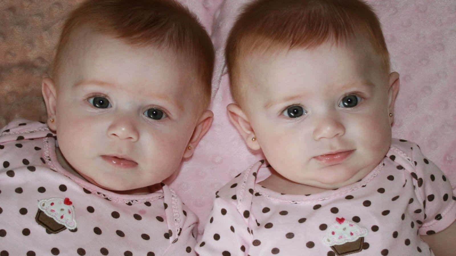 Cute Babies 桌布 壁紙 — 兩個穿著相同粉紅色圓點圖案服裝的同卵雙胞胎嬰兒並排躺在柔軟的粉紅色毯子上。