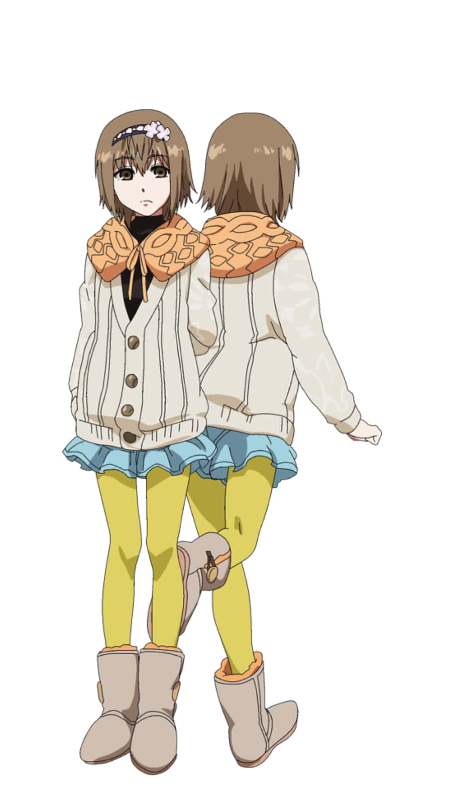 Hinami Fueguchi 桌布 壁紙 — 兩個穿著相配服裝的動漫女孩背對背站著，一個面向前方，另一個轉向另一邊。