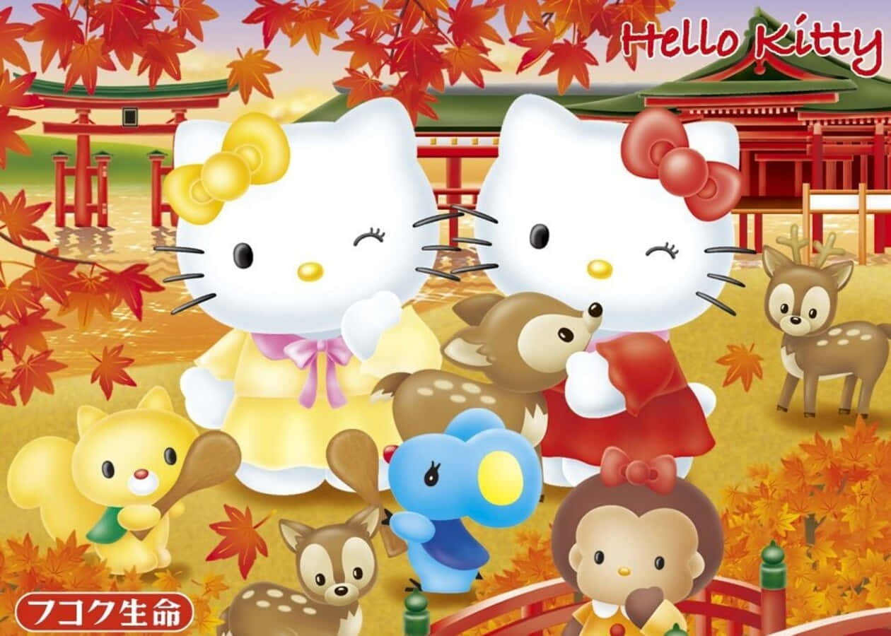 Hello Kitty And Friends 桌布 壁紙 — 兩個穿著秋季服裝的Hello Kitty角色與鹿和朋友們站在日本神社附近鮮紅的楓樹下。