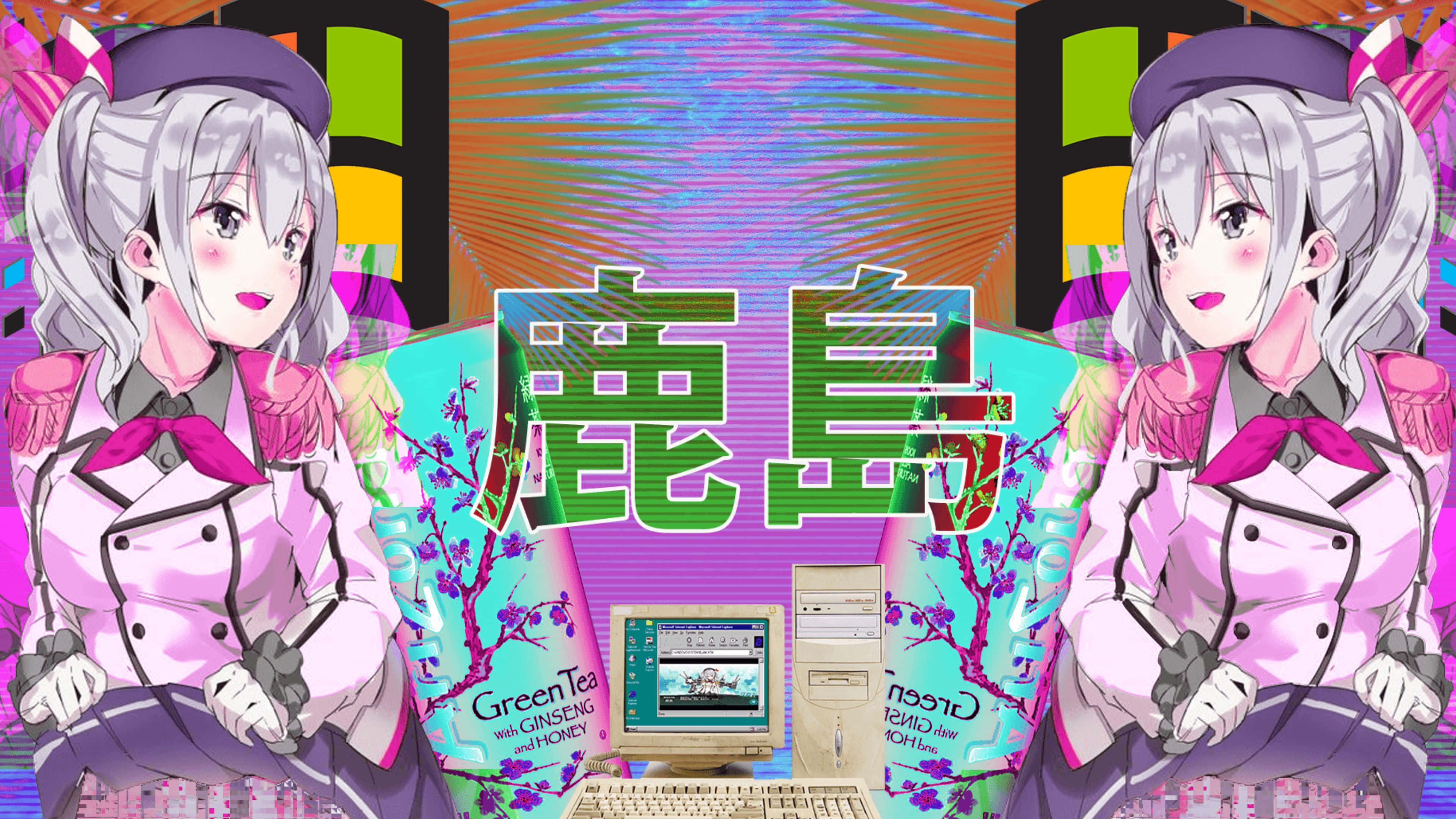 Aesthetic Pink Anime 桌布 壁紙 — 兩個穿著粉紅色廚師制服嘅動畫女仔企喺一部顯示茶廣告嘅復古電腦兩邊，背景係迷幻彩虹。