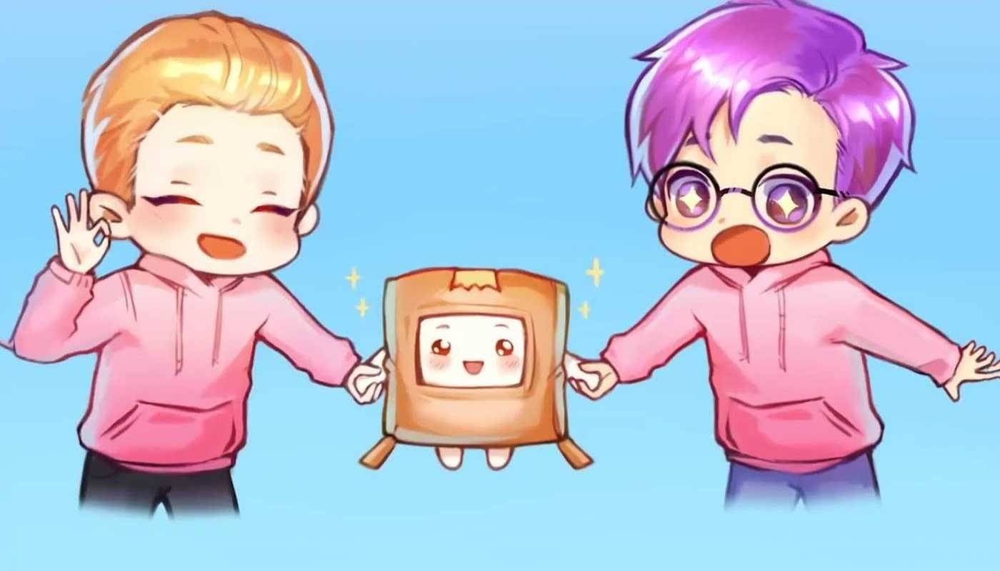 Lankybox 桌布 壁紙 — 兩個穿著粉紅色連帽衫的開朗動漫男孩，在柔和的藍色背景前，與一個可愛的微笑吐司角色手牽手。