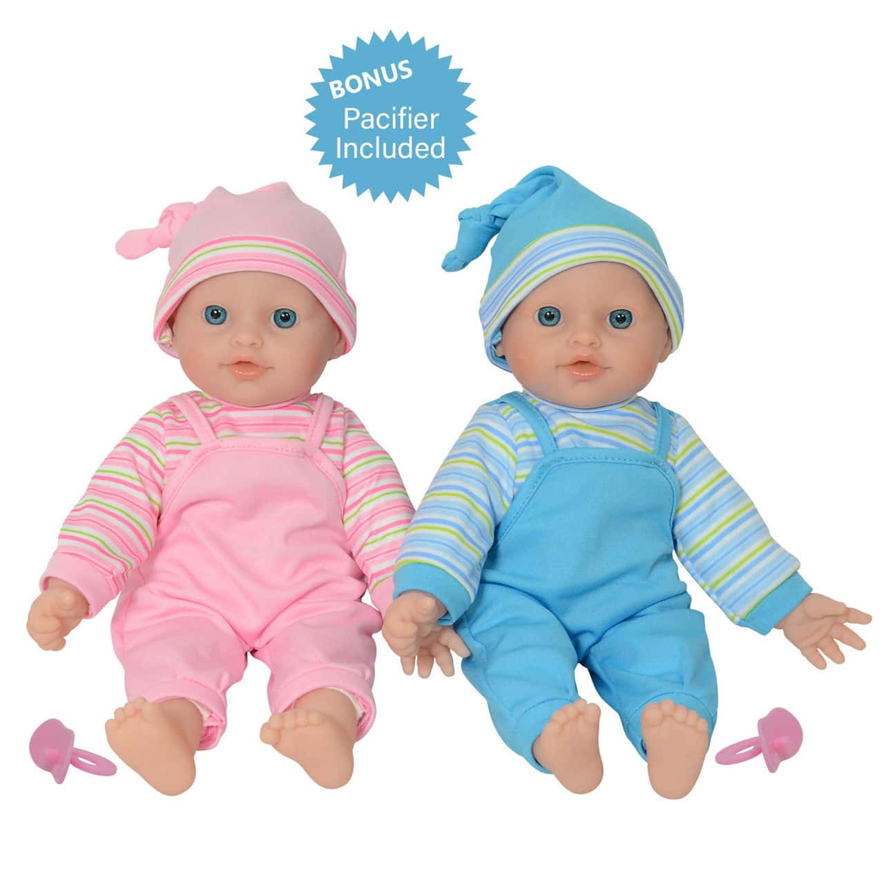 toys 桌布 壁紙 — 兩個穿著粉藍色條紋衣服並戴著配套帽子的嬰兒娃娃並排坐在白色背景前。