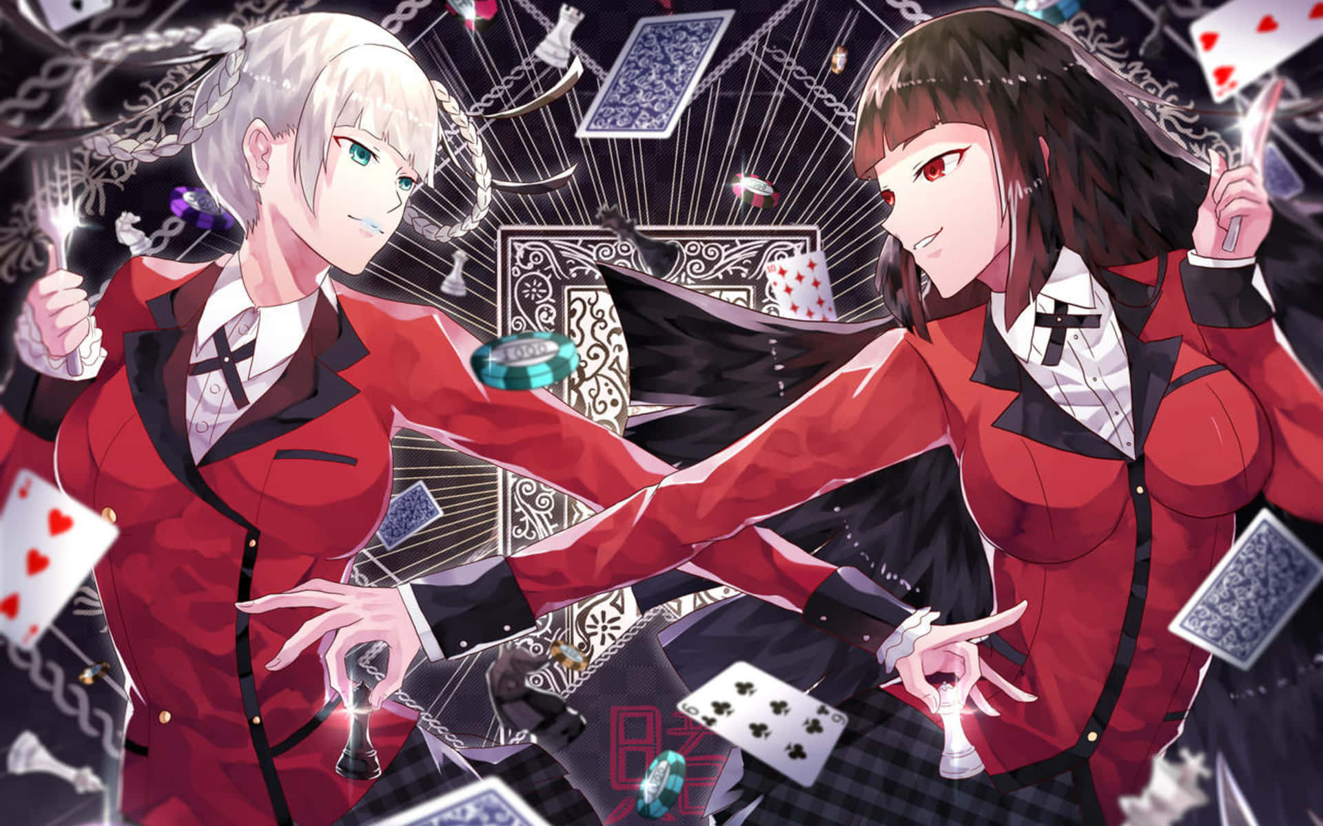 Kakegurui 桌布 壁紙 — 兩個穿著紅色西裝的動漫女孩在黑暗魔法環境中玩撲克，漂浮的紙牌和棋子。