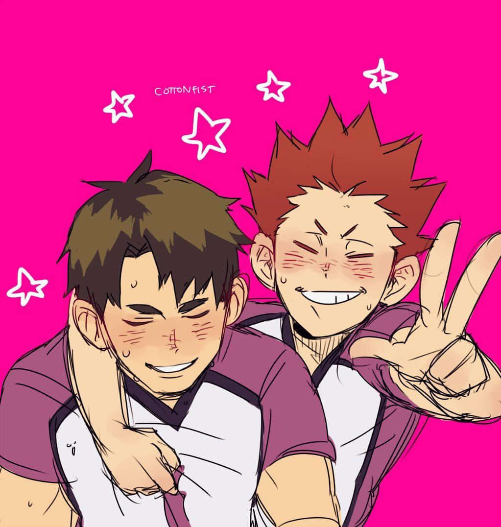 Ushijima Wakatoshi 桌布 壁紙 — 兩個穿著紫色和白色球衣的動漫男孩在帶有白色星星的亮粉色背景前頑皮地咧嘴笑。