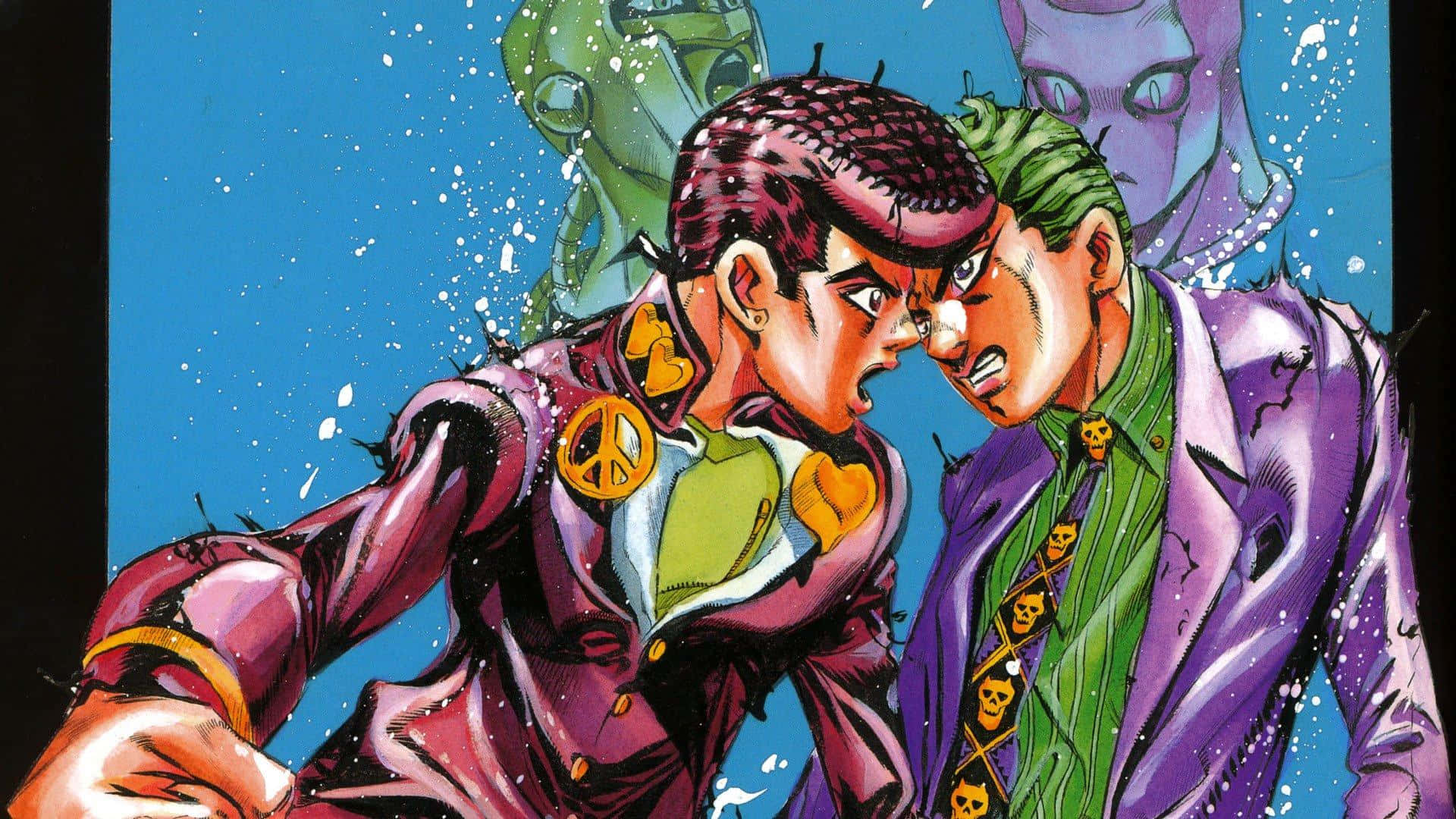 Josuke Higashikata 桌布 壁紙 — 兩個穿著紫色外套的動漫角色在藍色背景上帶有潑濺效果激烈對峙。