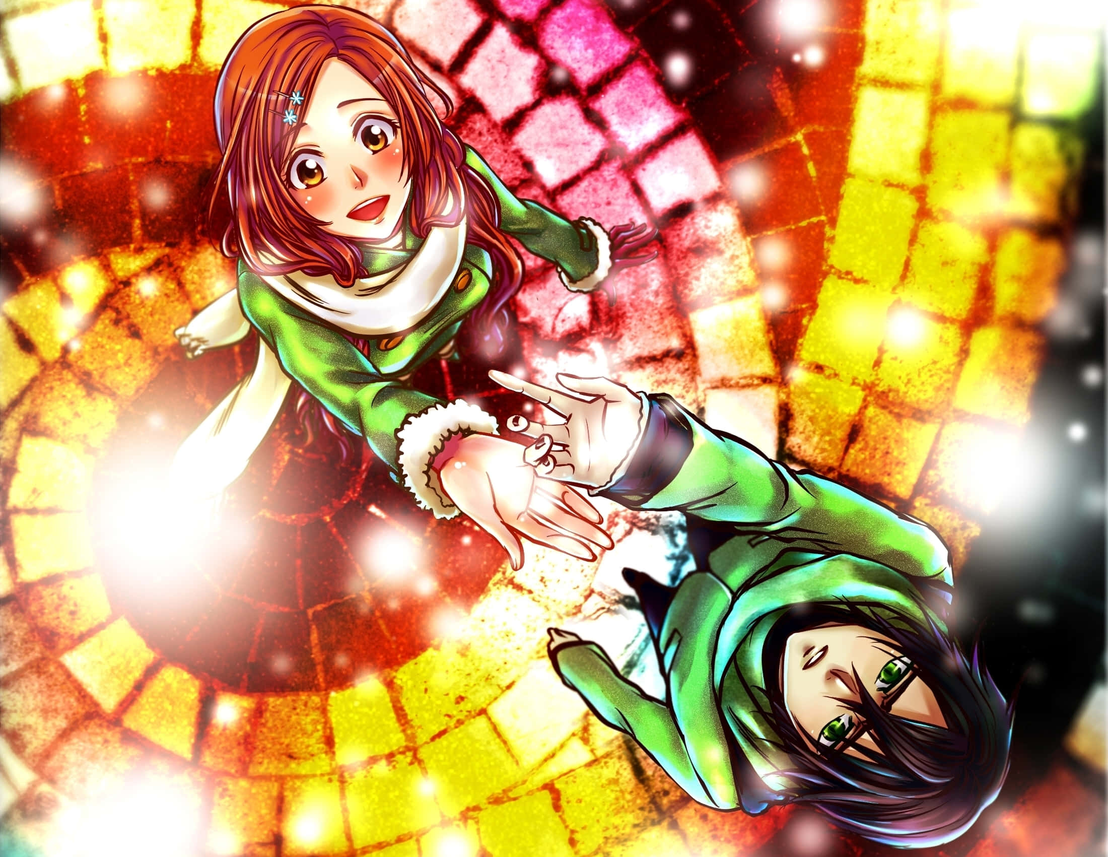 Orihime Inoue 桌布 壁紙 — 兩個穿著綠色冬季外套的動漫角色在發光的彩色玻璃螺旋背景下互相伸手。