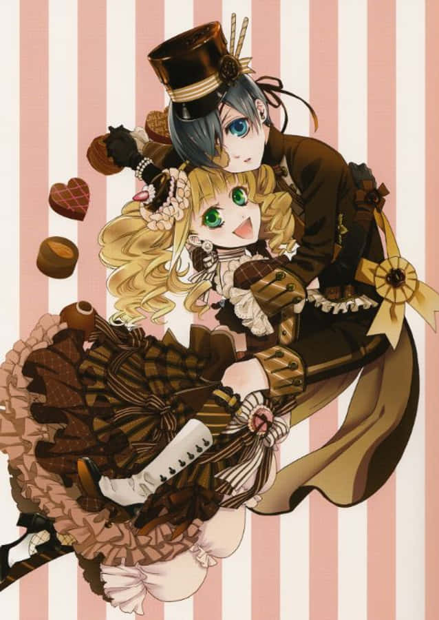 Elizabeth Midford 桌布 壁紙 — 兩個穿著蒸氣龐克服裝的動漫角色在粉紅和白色條紋背景上擁抱，周圍漂浮著朱古力。