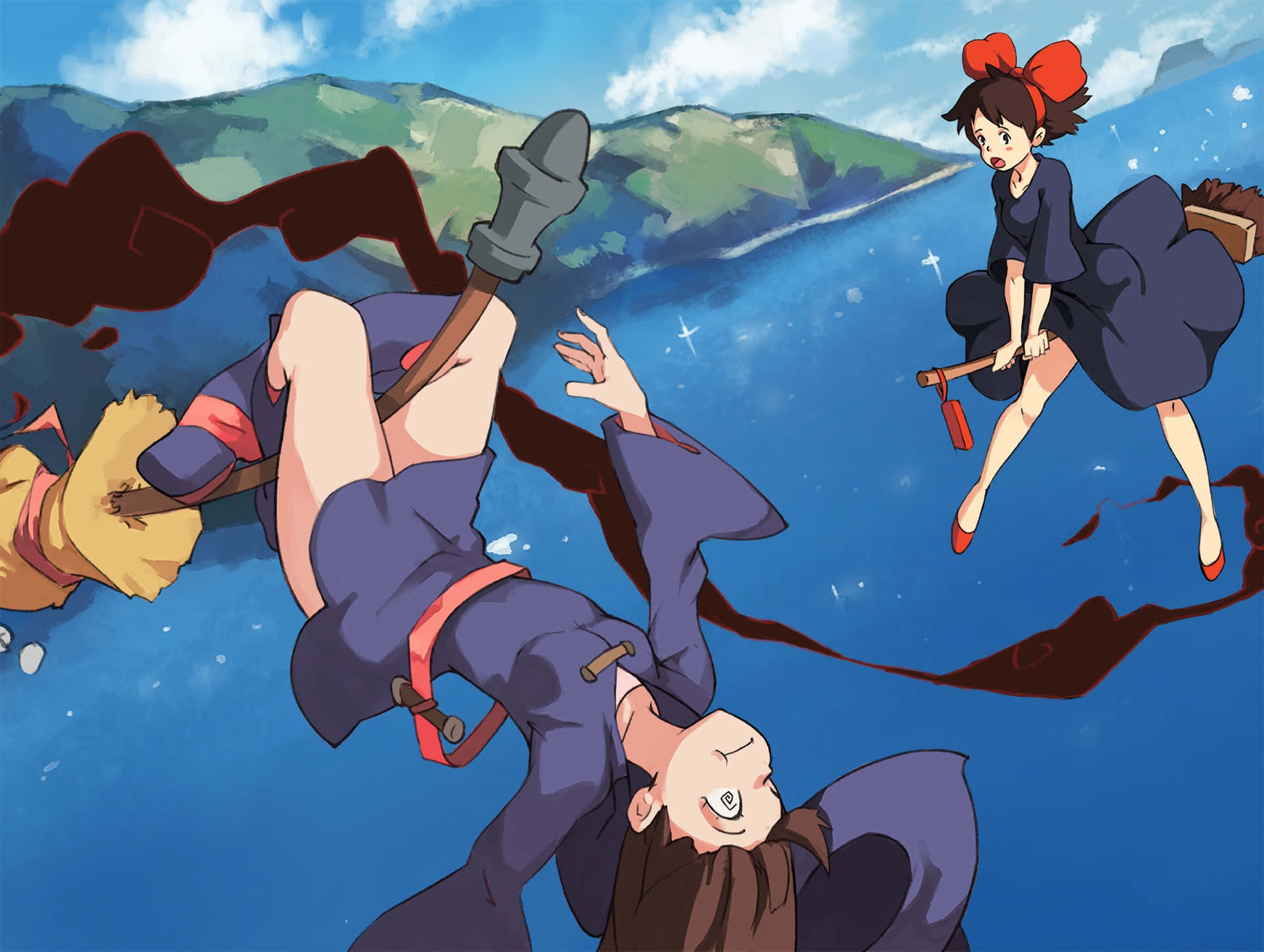 kiki's delivery service 桌布 壁紙 — 兩個穿著藍色長袍的動漫女孩在藍天白雲和山脈背景下倒掛漂浮。