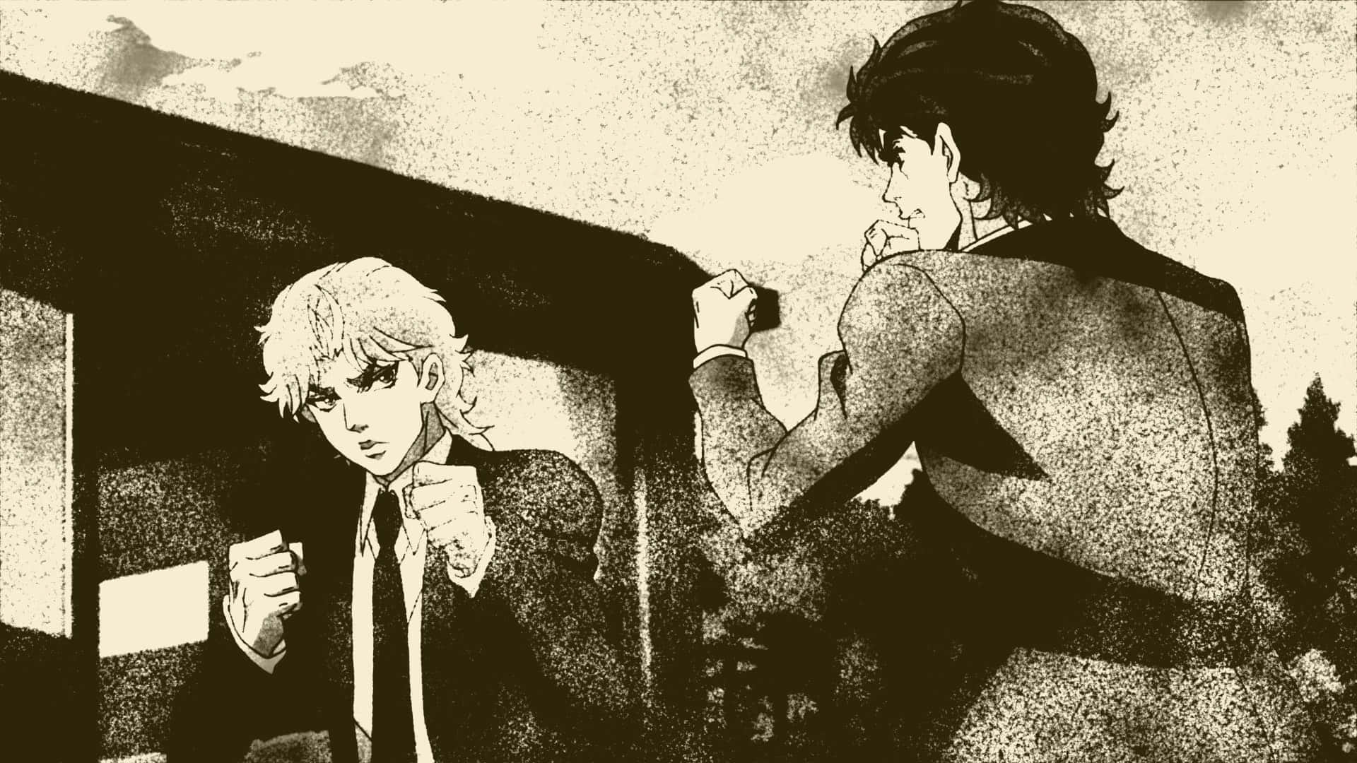 Dio Brando 桌布 壁紙 — 兩個穿著西裝的動漫角色在 gritty 的 sepia 色調街景中對峙，帶有戲劇性的陰影和紋理顆粒。