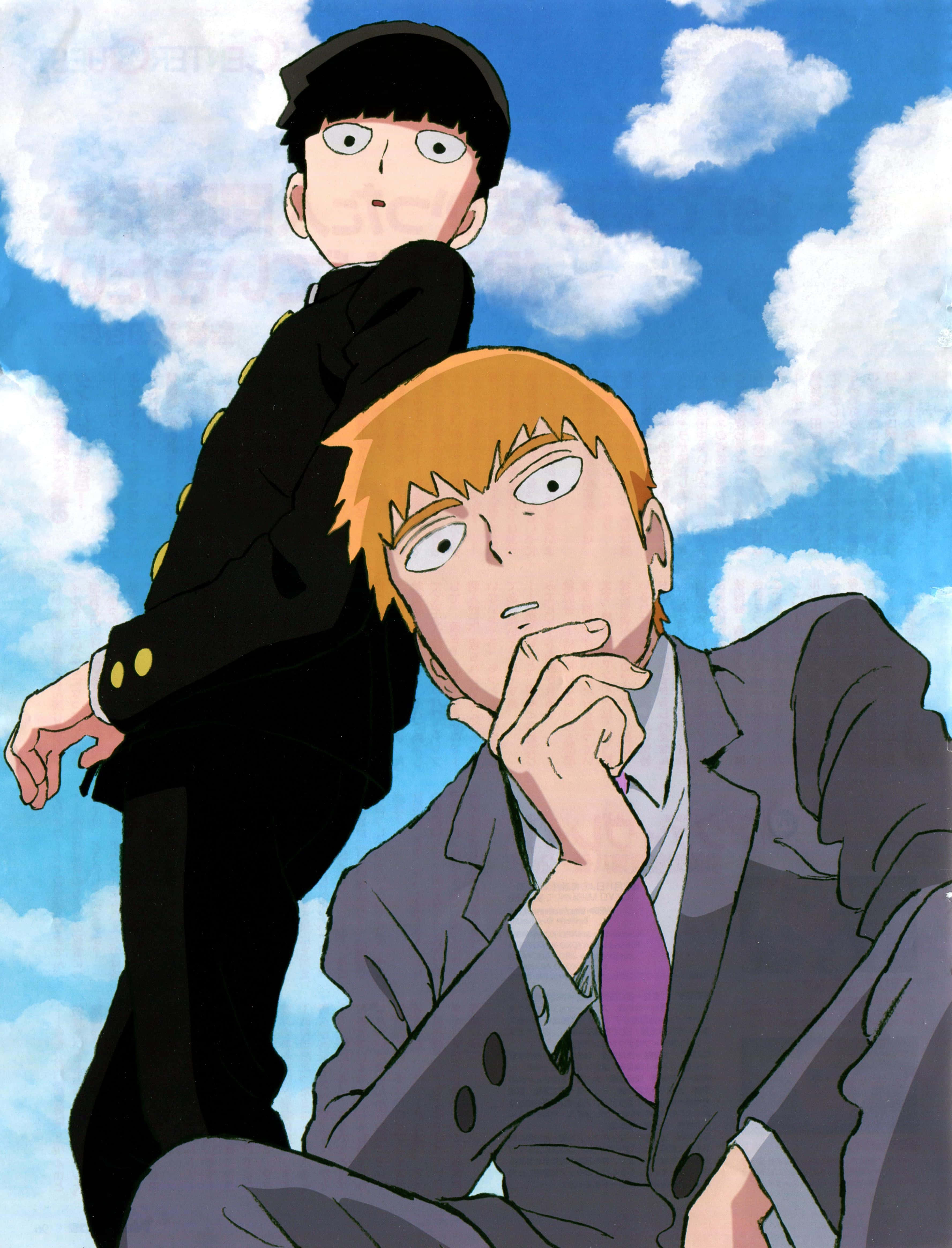 Arataka Reigen 桌布 壁紙 — 兩個穿著西裝的動漫角色站在明亮的藍天白雲下，一個表情驚訝，另一個若有所思。