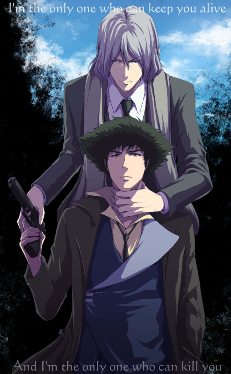 Cowboy Bebop Vicious 桌布 壁紙 — 兩個穿著西裝的動畫男人，一個拿著槍，另一個抓著他的脖子，背景是黑暗的森林，並有文字疊加。