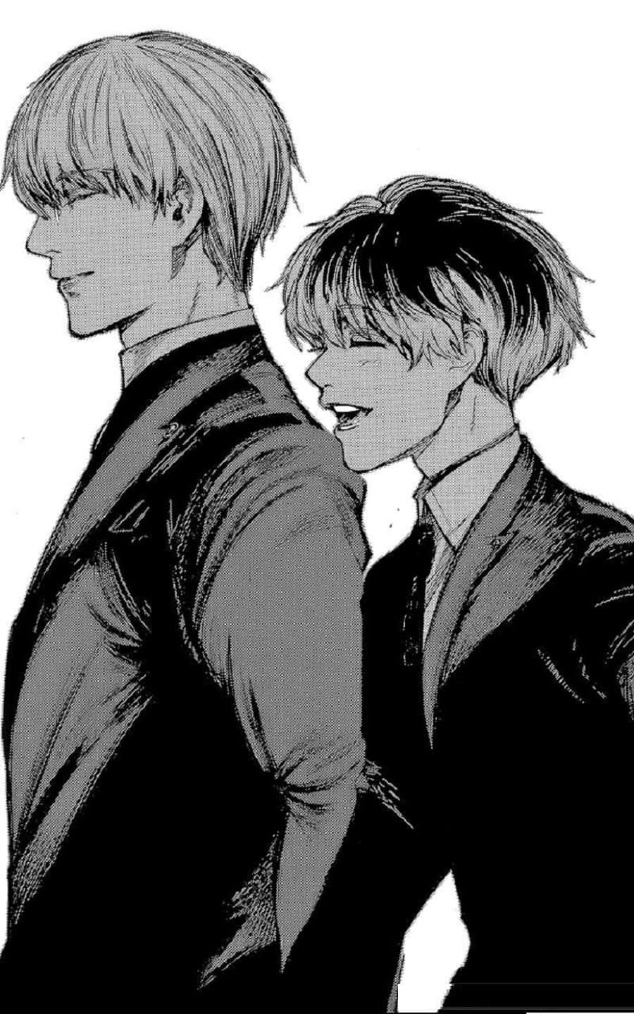 Kishou Arima 桌布 壁紙 — 兩個穿著西裝的動畫男子背對背站立，帶著微妙笑容，呈現於鮮明的黑白插圖中。