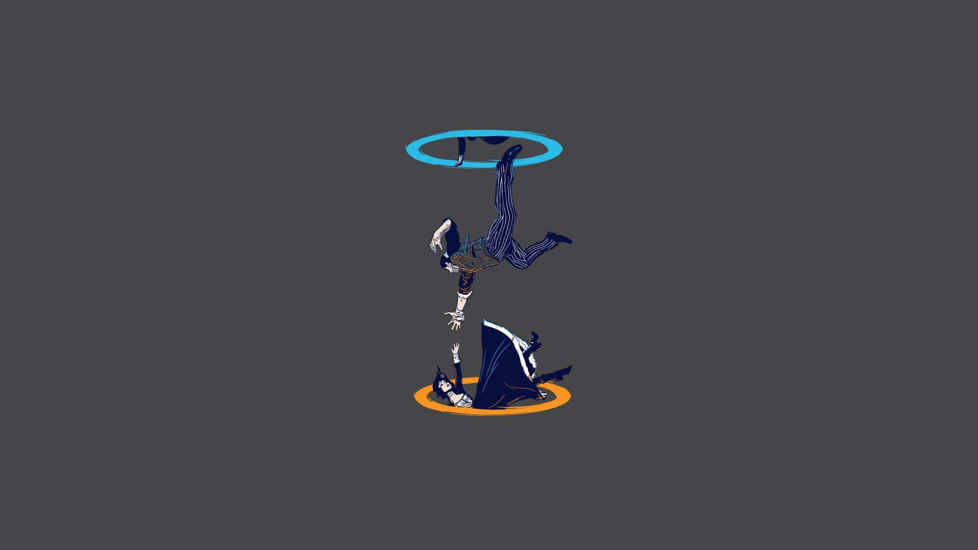 Minimalist Gaming 桌布 壁紙 — 兩個穿著西裝的風格化人物在深灰色背景上穿過漂浮的圓環墜落。