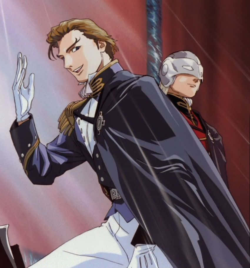 treize khushrenada 桌布 壁紙 — 兩個穿著軍服的動漫角色在紅色和紫色的背景前，配合戲劇性的燈光，自信地站立。