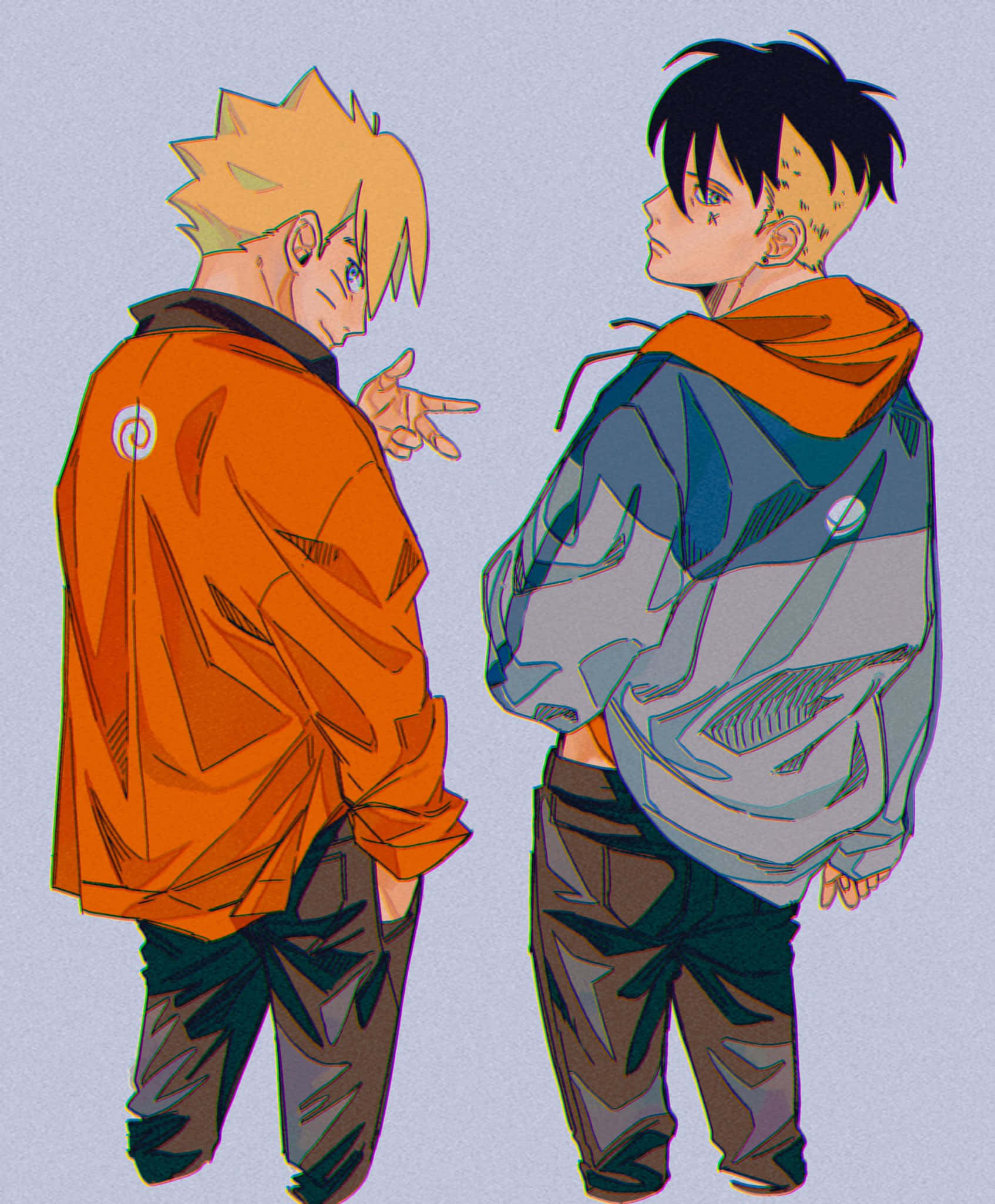 Boruto Vs Kawaki 桌布 壁紙 — 兩個穿著連帽衫的動漫男孩面對面站著，其中一個指責性地指著對方，背景是純色的薰衣草色。