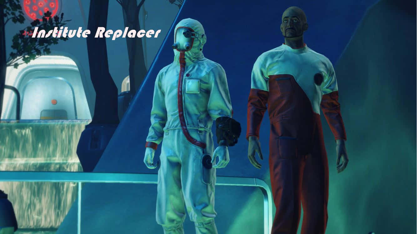 Fallout 4 Institute 桌布 壁紙 — 兩個穿著防護服的人物和一個紅色連身衣的人物站在科幻場景中詭異藍色燈光下的發光平台上。