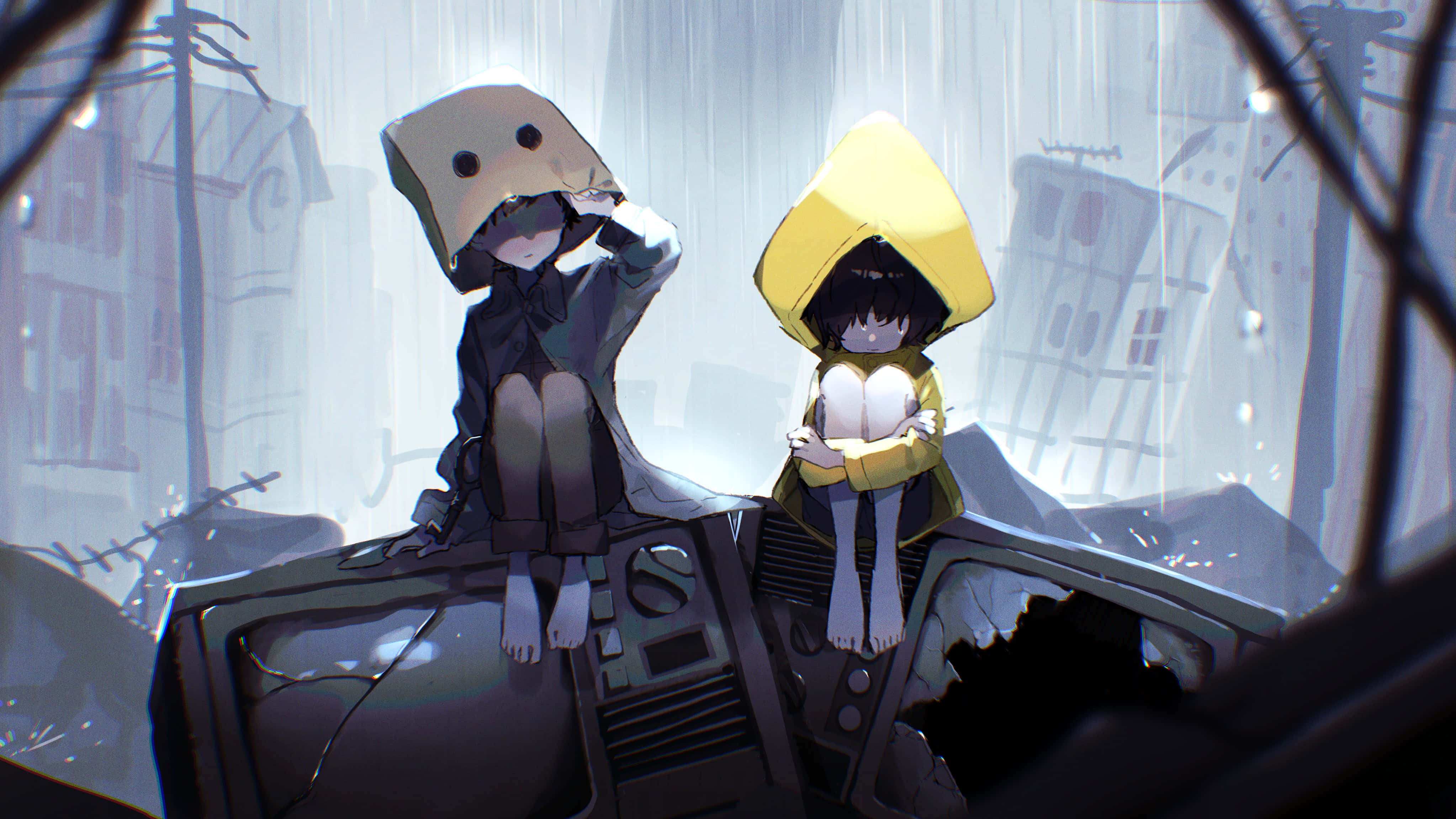 Little Nightmares 桌布 壁紙 — 兩個穿著雨衣的動畫小孩坐在一台壞掉的電視機上，身處陰暗的城市廢墟中，天空下著雨。