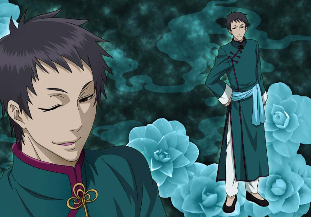 Black Butler Lau 桌布 壁紙 — 兩個穿著青綠色傳統長袍的動畫男子站在發光的藍色花朵中，背景是霧濛濛的青綠色。