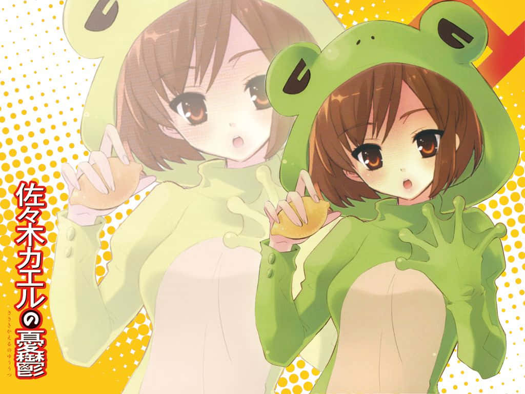 Haruhi Sasaki 桌布 壁紙 — 兩個穿著青蛙服裝的動漫女孩在明亮的黃色圓點背景前開心地擺姿勢。