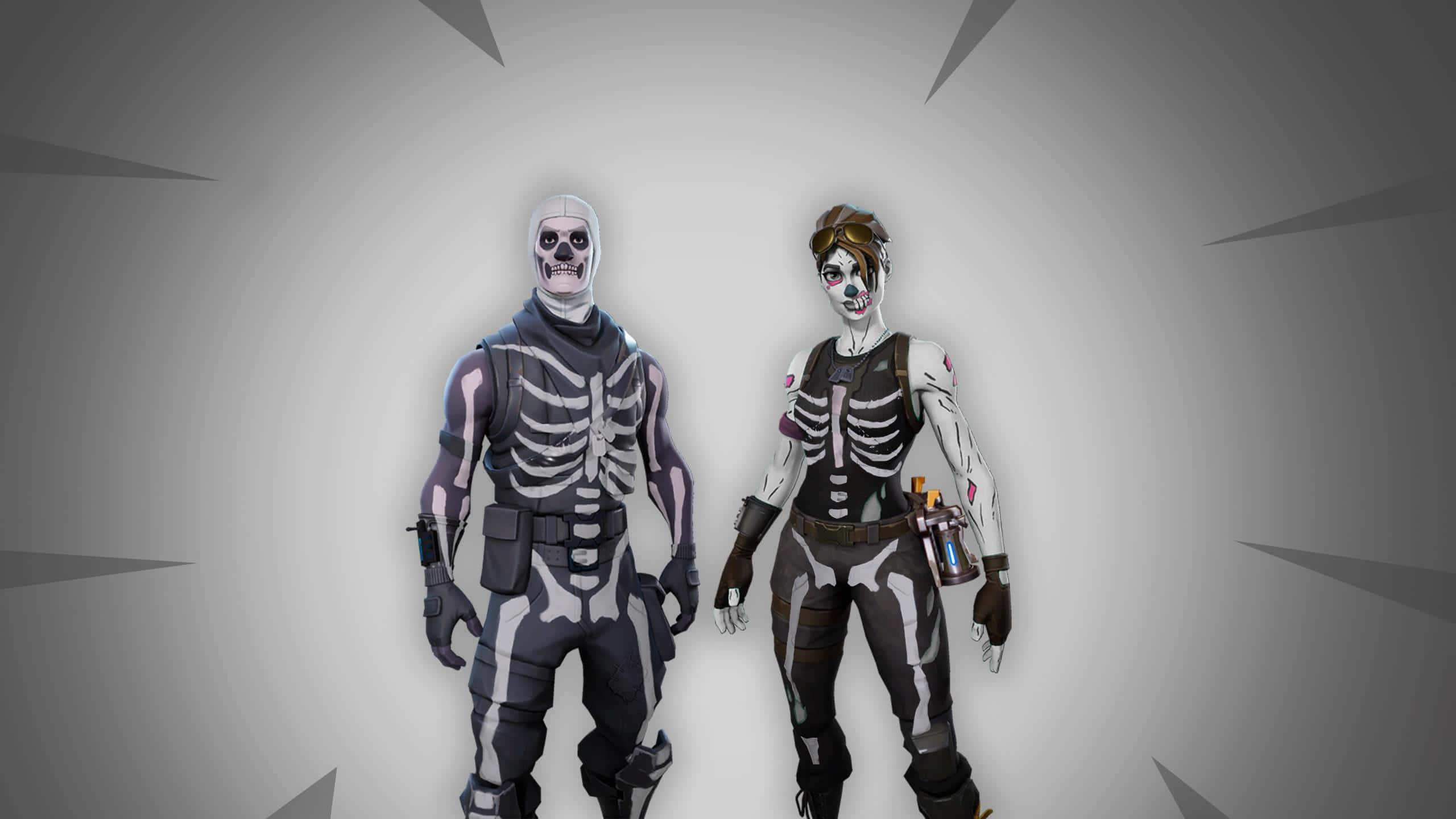 Skeleton Costumes 桌布 壁紙 — 兩個穿著骷髏主題服裝的 Fortnite 角色站在帶有尖銳幾何射線的灰色背景前。