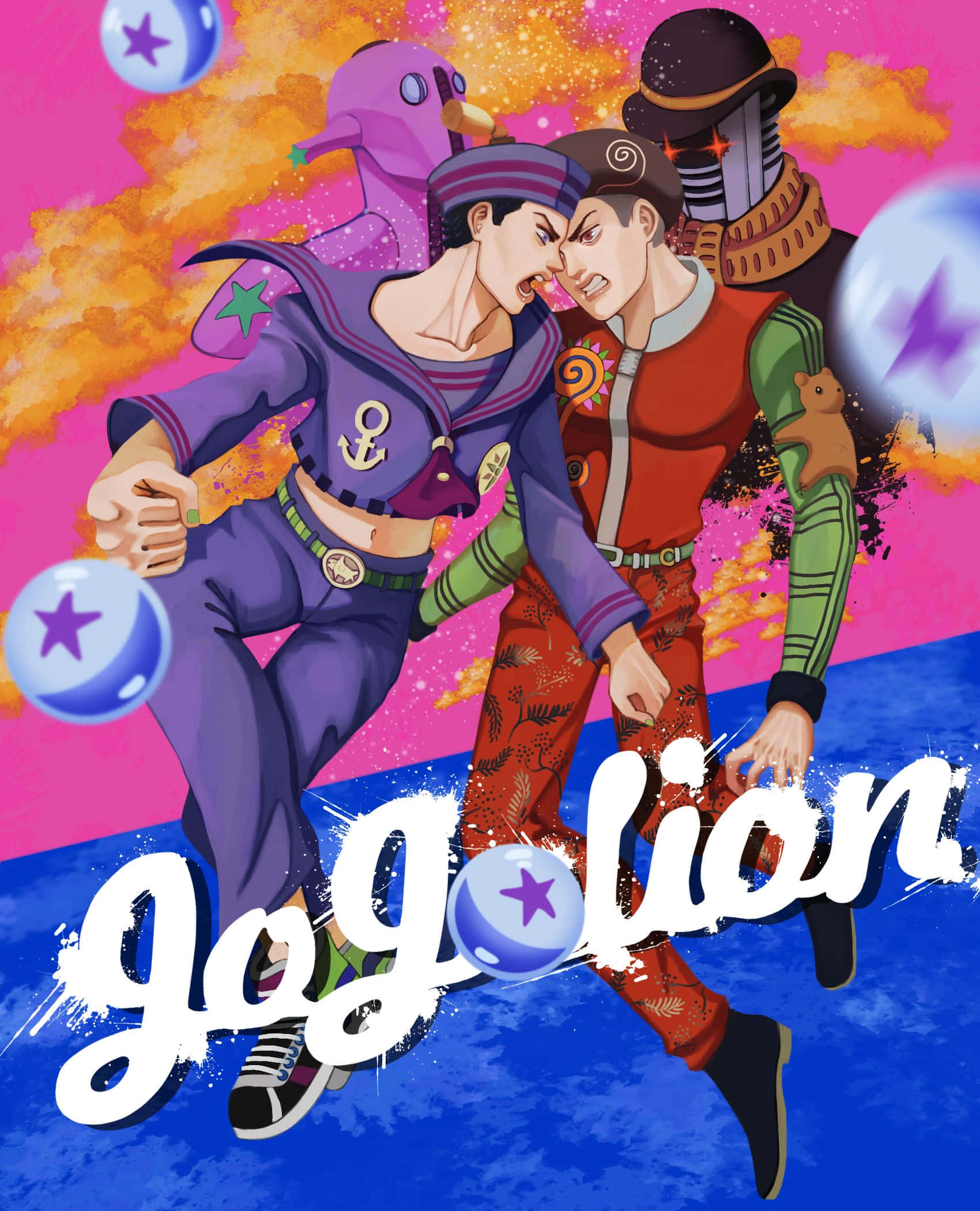 Jojolion 桌布 壁紙 — 兩個穿著鮮豔服裝的動漫角色在宇宙粉紅色和橙色天空下動態碰撞，漂浮著星星泡泡。