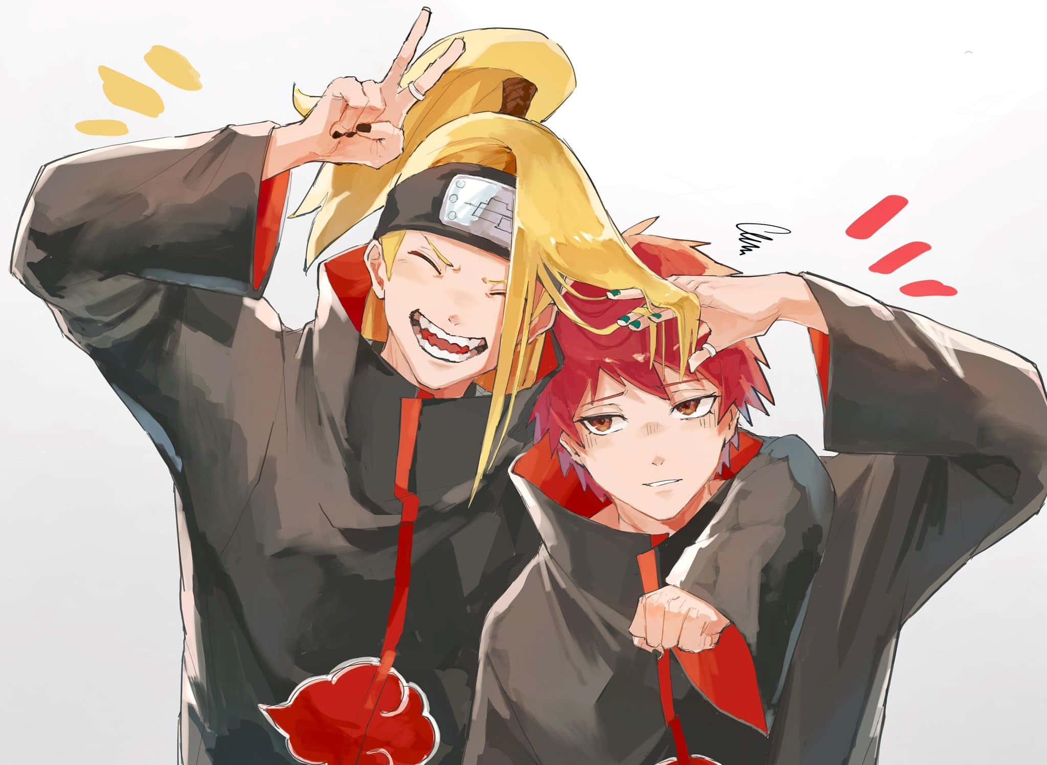 Akatsuki X Deidara 桌布 壁紙 — 兩個穿著黑色和紅色斗篷的動漫角色愉快地擺姿勢，一個做出和平手勢，另一個看起來很惱火。