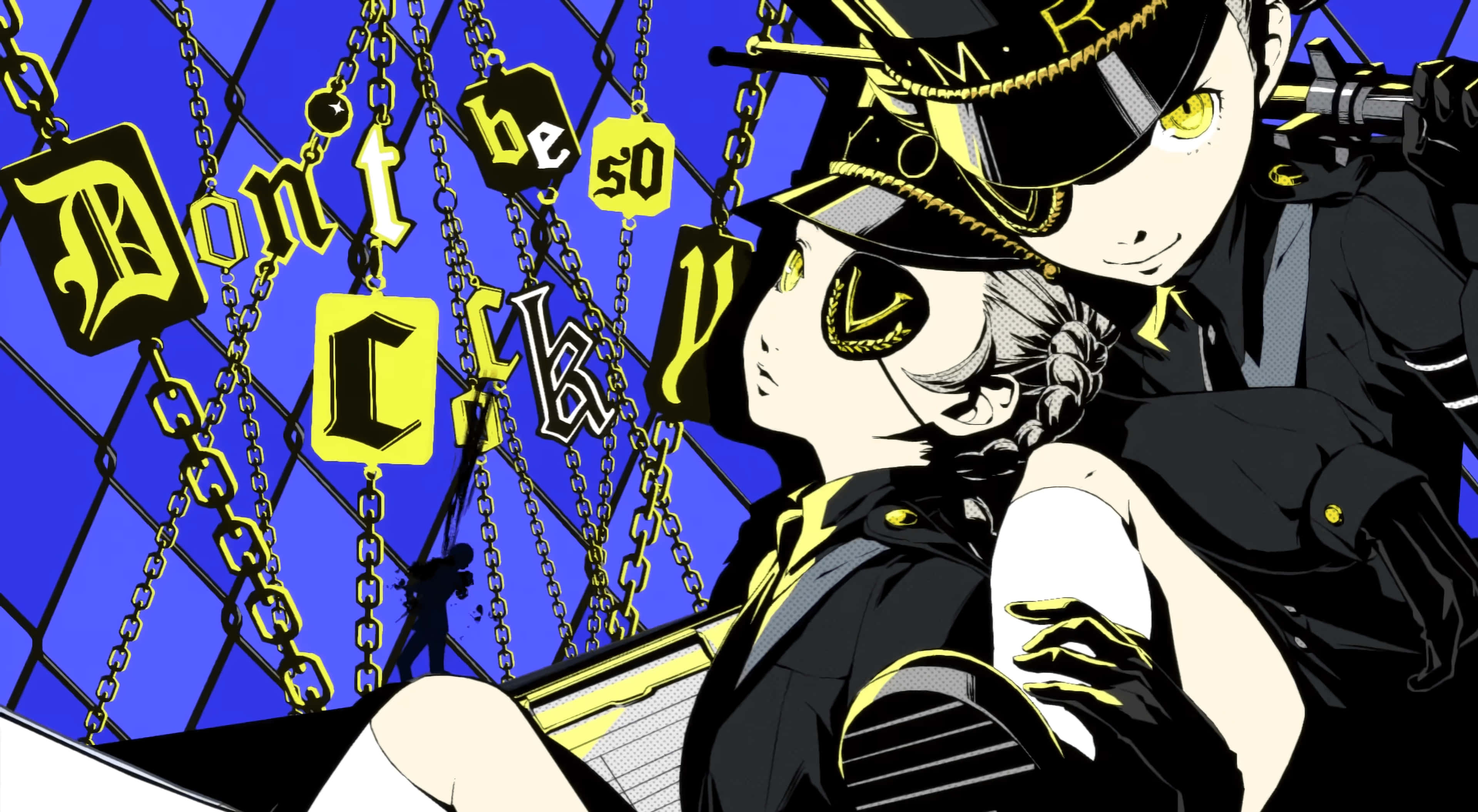 persona 桌布 壁紙 — 兩個穿著黑色和金色制服嘅動漫角色喺藍色鐵絲網前擺姿勢，鐵鏈上掛住「Don't be so shy」嘅文字。