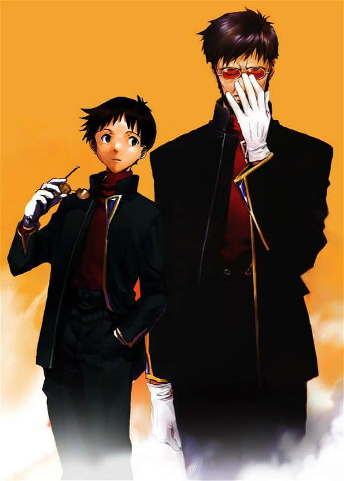 Gendo Ikari 桌布 壁紙 — 兩個穿著黑色外套的動漫角色站在溫暖的橙色背景前，一個拿著煙斗，另一個用戴手套的手遮住臉。