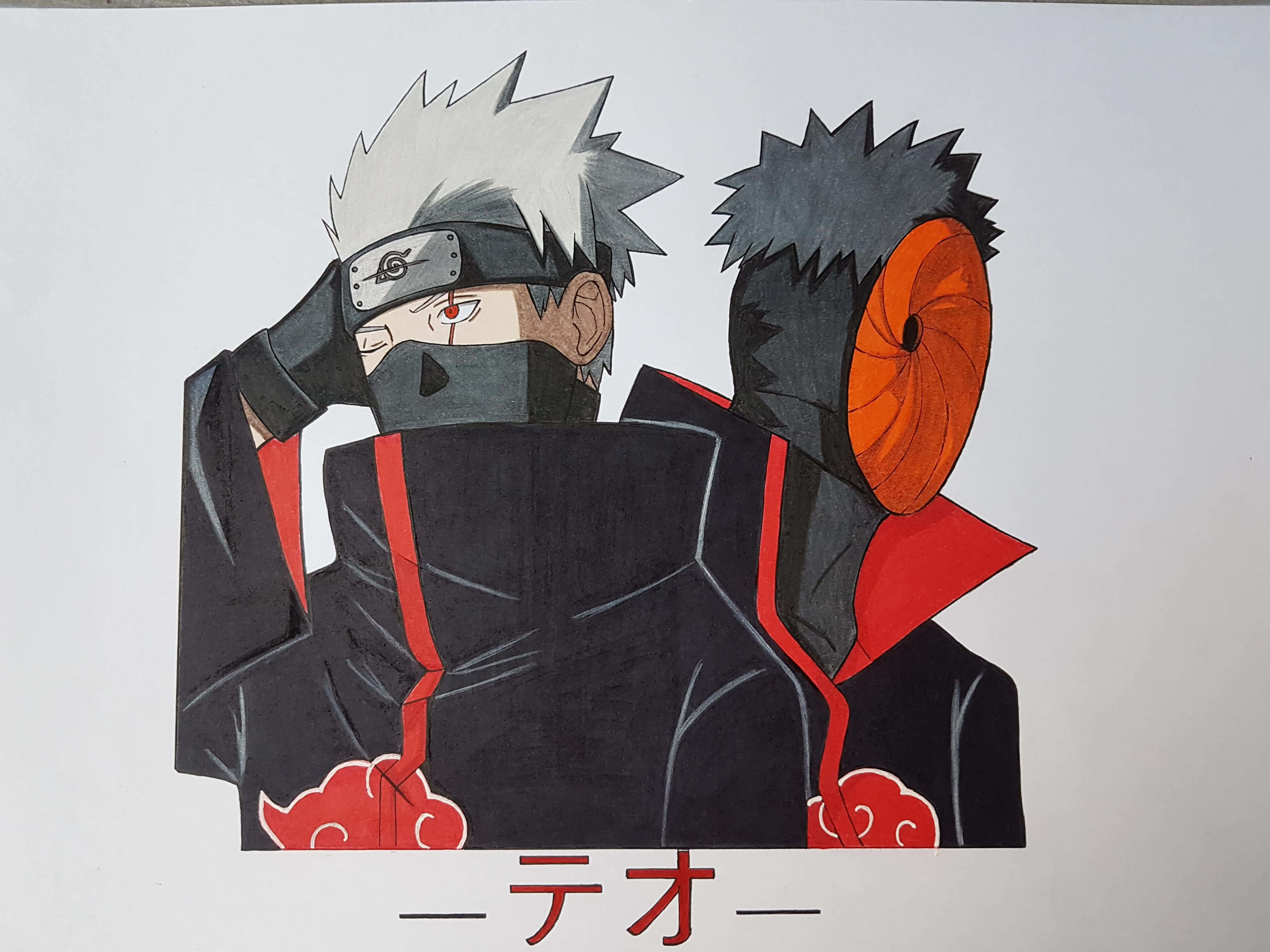 Akatsuki Kakashi 桌布 壁紙 — 兩個穿著黑色曉袍、帶有紅色雲紋的動漫角色，一個有白色刺蝟頭和紅色眼睛，另一個有黑色頭髮和橙色面具。