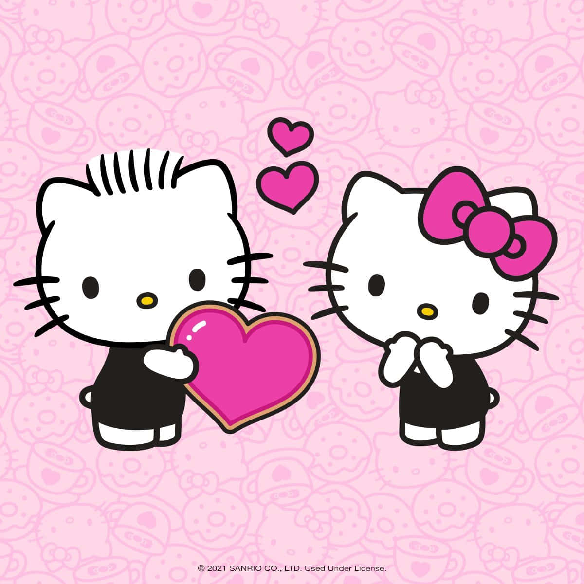 Dear Daniel 桌布 壁紙 — 兩個穿著黑色西裝的Hello Kitty角色在粉紅色圖案背景上拿著一個帶有漂浮心形的大粉紅色心形。