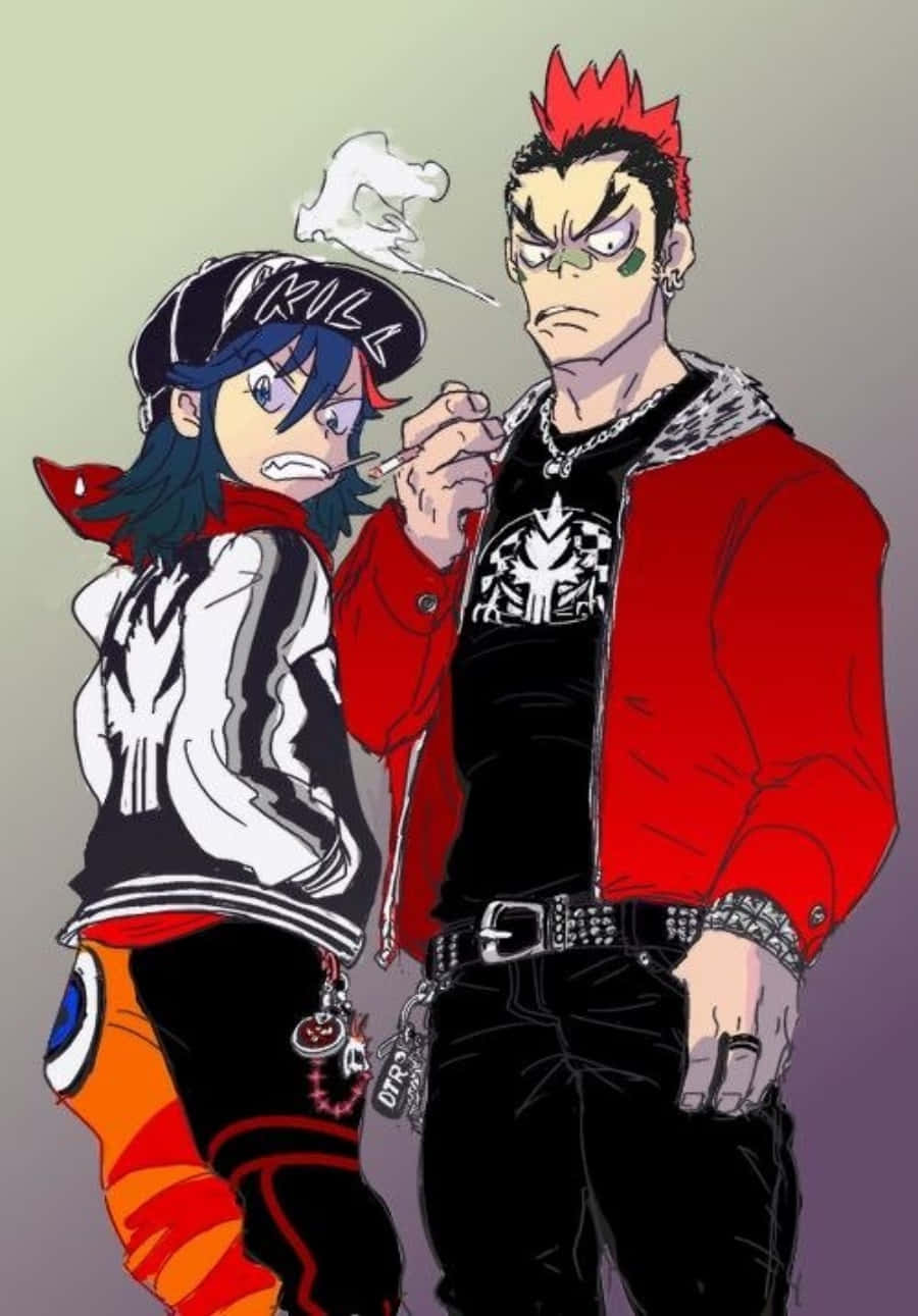 Tsumugu Kinagase 桌布 壁紙 — 兩個穿著龐克服裝的動漫角色，一個抽煙，另一個在漸變背景前凝視著。