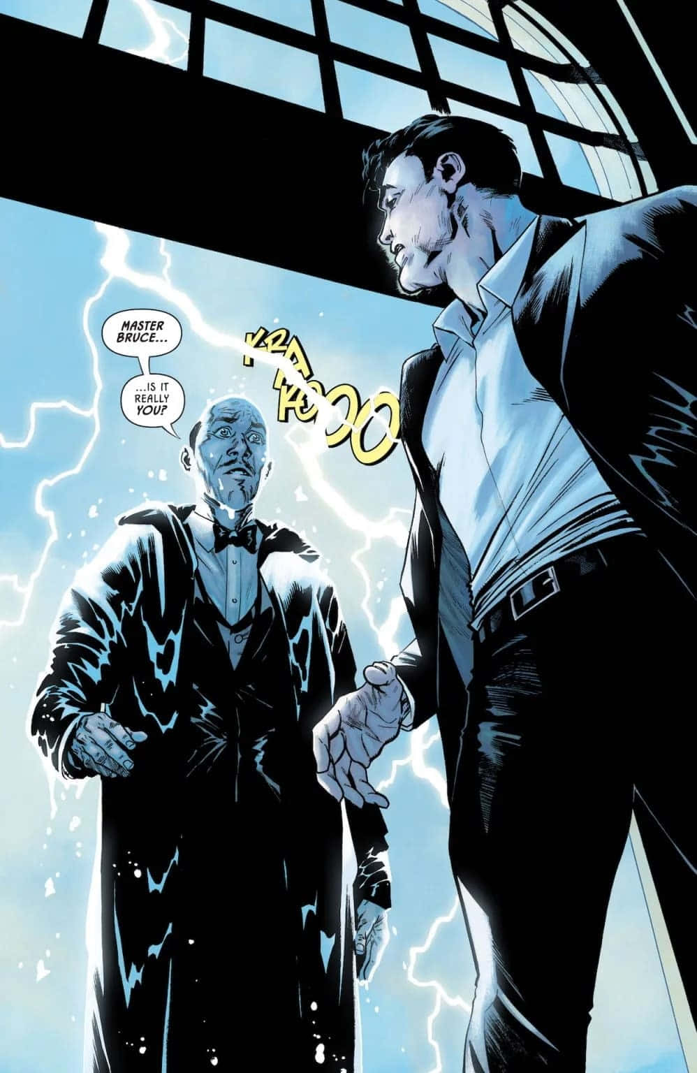 Alfred Pennyworth 桌布 壁紙 — 兩個穿西裝的男人站在一個充滿閃電的房間裡，一個問另一個是否真的是布魯斯，同時有音效迴盪。