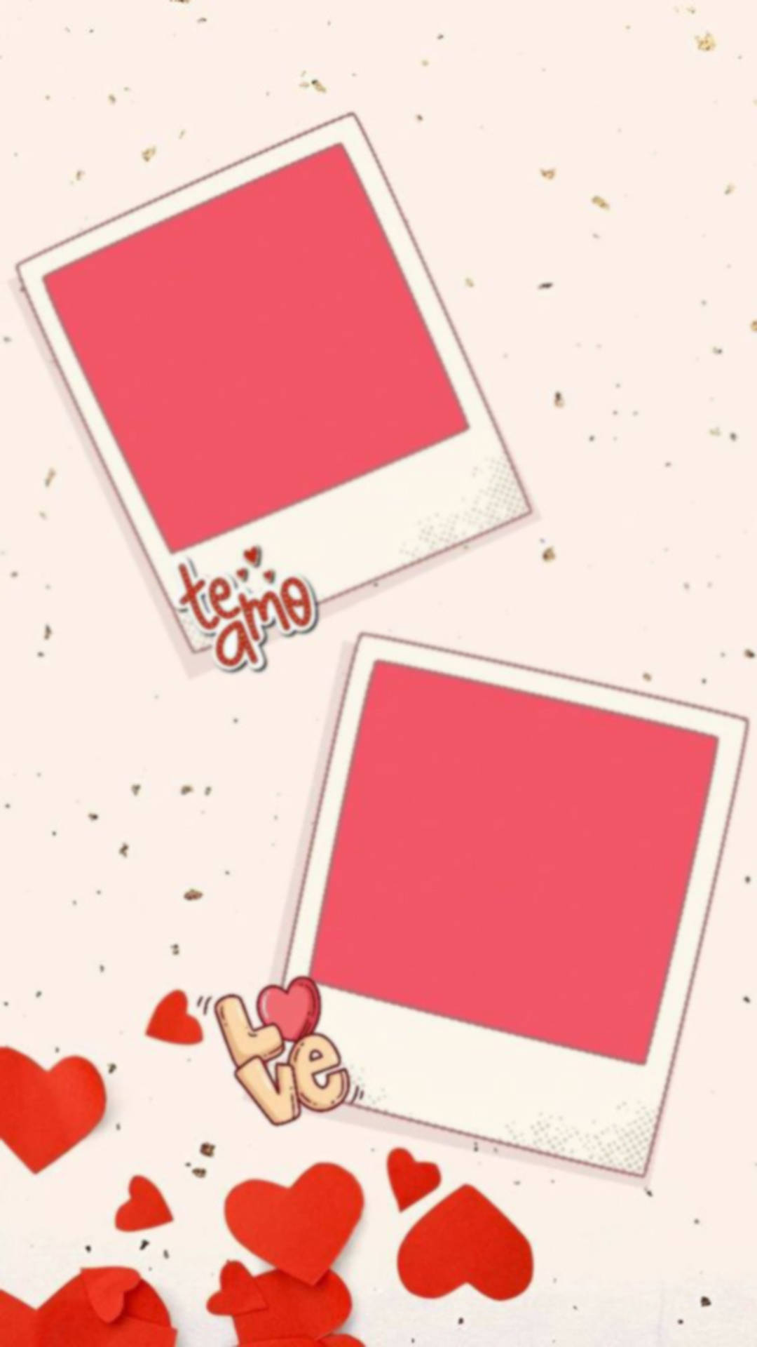 粉紅色寶麗來相框，帶有愛情文字和紅色紙心，背景有斑點。 — 寶麗來 GIF 壁紙