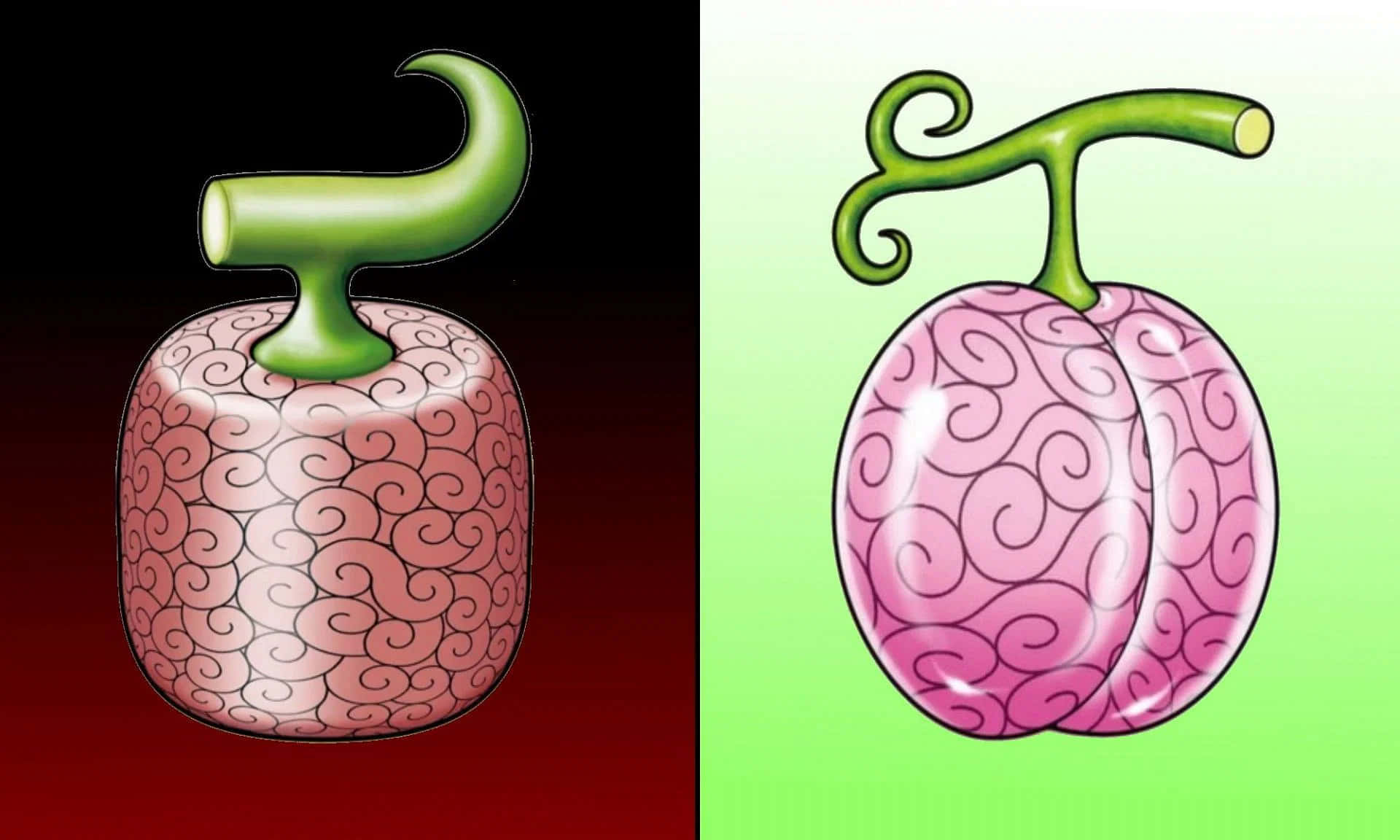 Devil Fruit 桌布 壁紙 — 兩個粉紅色惡魔果實，帶有漩渦圖案和綠色莖，與深紅色和亮綠色背景形成對比。