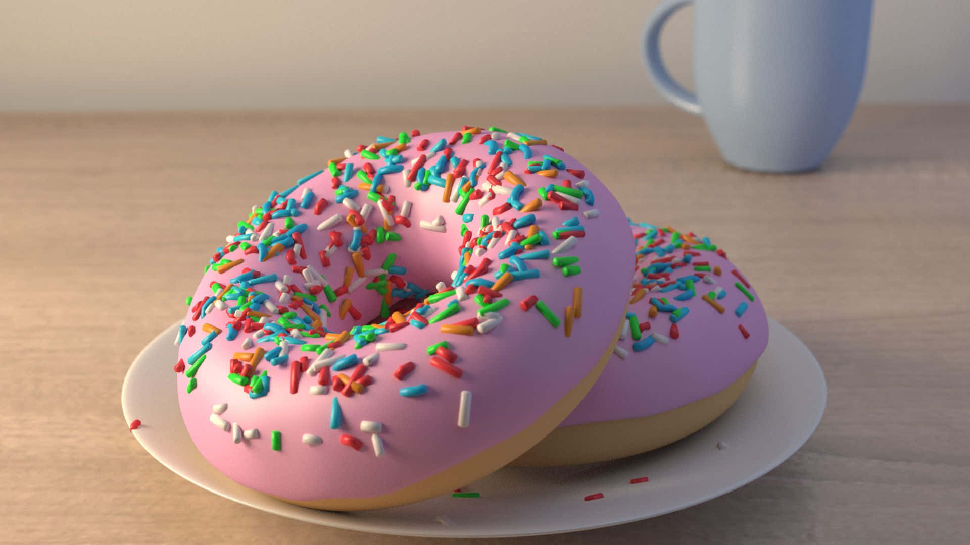 donuts 桌布 壁紙 — 兩個粉紅色糖霜甜甜圈，上面有彩色糖針，放在白色碟子上，旁邊有一個藍色馬克杯，置於木桌上。