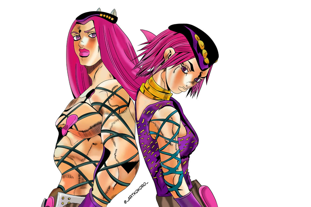 Narciso Anasui 桌布 壁紙 — 兩個粉紅色頭髮、穿著蕾絲服裝的動漫角色背對背站在純白色背景前。