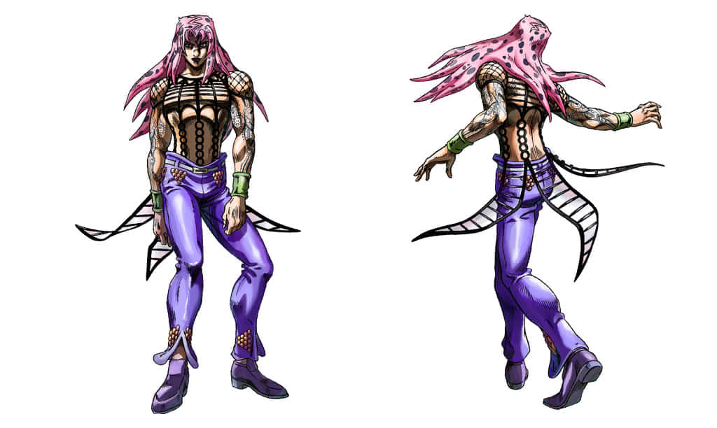 Jojo's Bizarre Adventure Diavolo 桌布 壁紙 — 兩個粉紅色頭髮、紫色服裝的動漫角色在白色背景前動態擺姿勢。