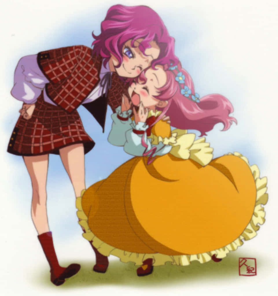 Cornelia Li Britannia 桌布 壁紙 — 兩個粉紅色頭髮的動漫女孩在柔和的藍天背景下分享一個俏皮的吻。