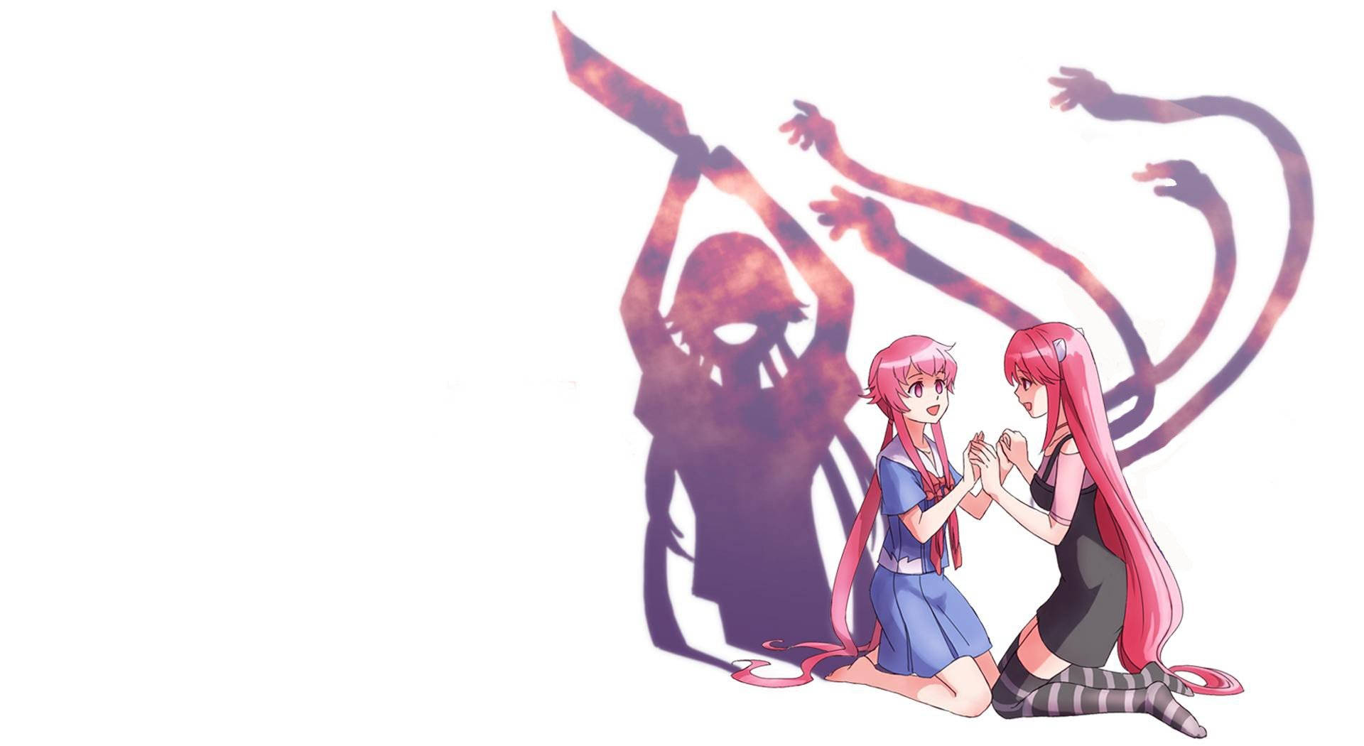 Elfen Lied X Mirai Nikki 壁紙 — 兩個粉紅色頭髮的動漫女孩跪著面對一個有多隻手臂和舉起刀刃的威脅性陰影人物。
