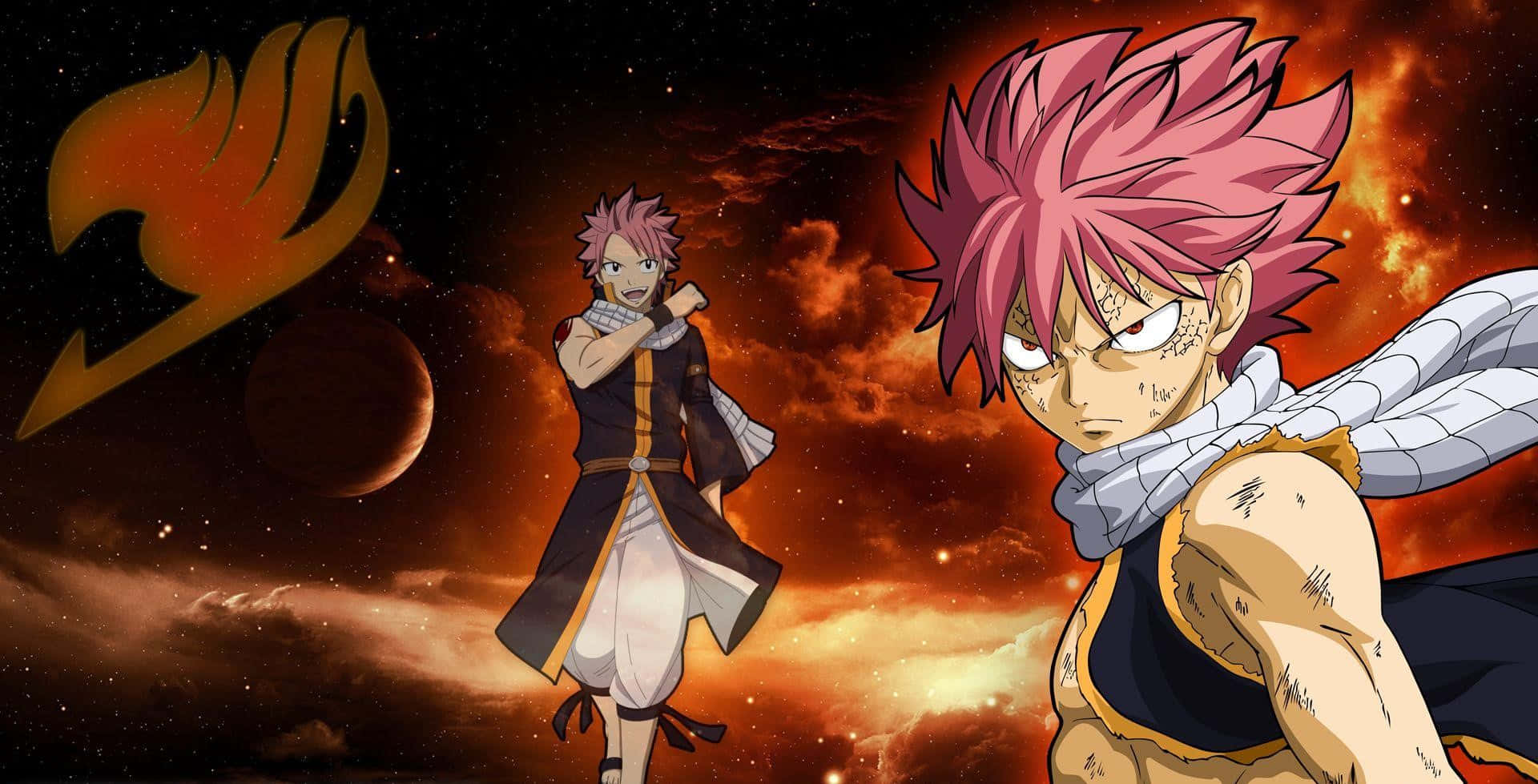 natsu dragneel 桌布 壁紙 — 兩個粉紅色頭髮的動漫角色站在一個熾熱的宇宙背景前，背景中有一個行星和妖精尾巴標誌。