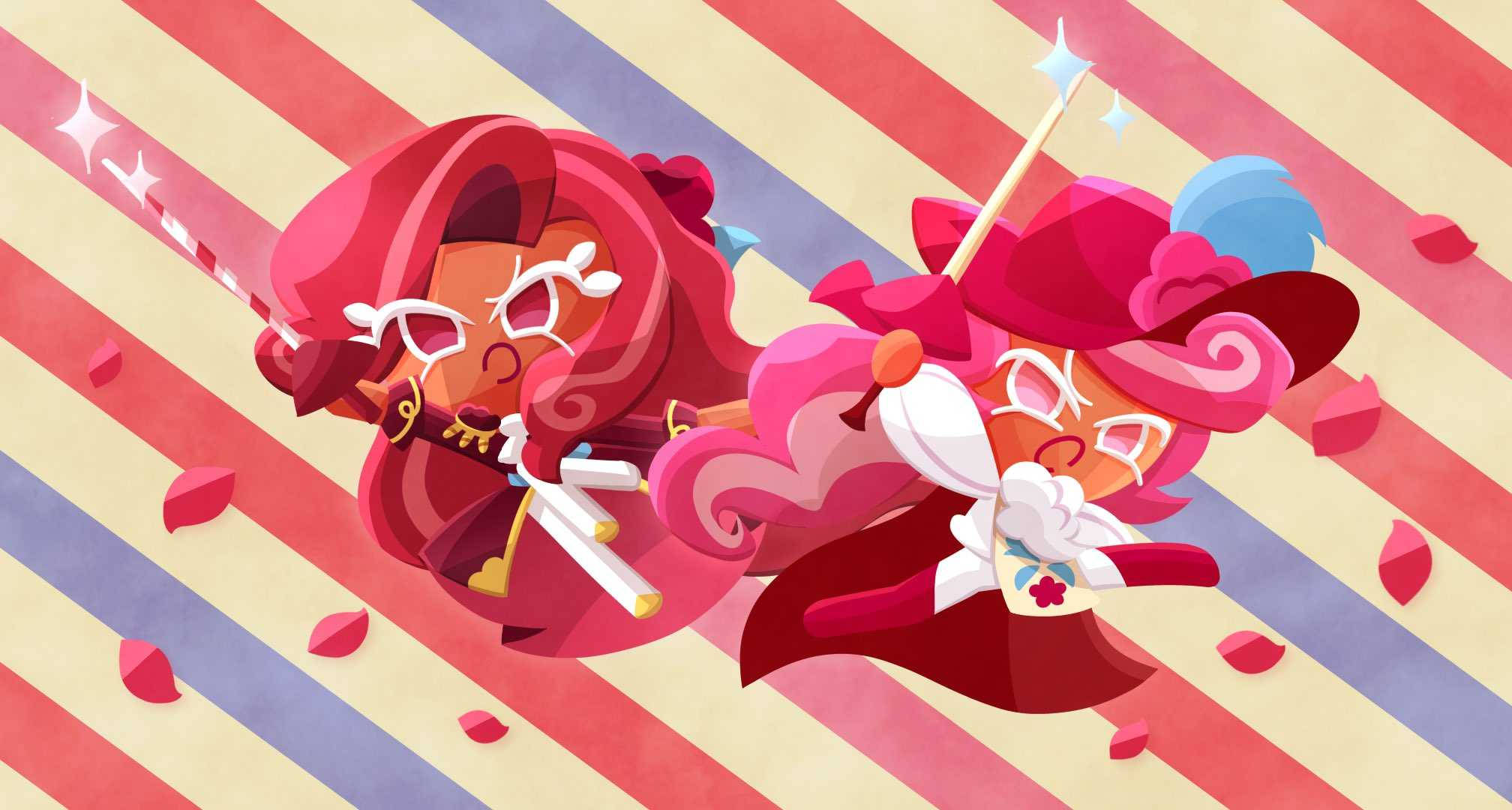 Raspberry Mousse Cookie Run 壁紙 — 兩個粉紅色頭髮的奇幻曲奇角色，身穿紅色斗篷，在條紋背景和漂浮花瓣中揮舞魔杖決鬥。