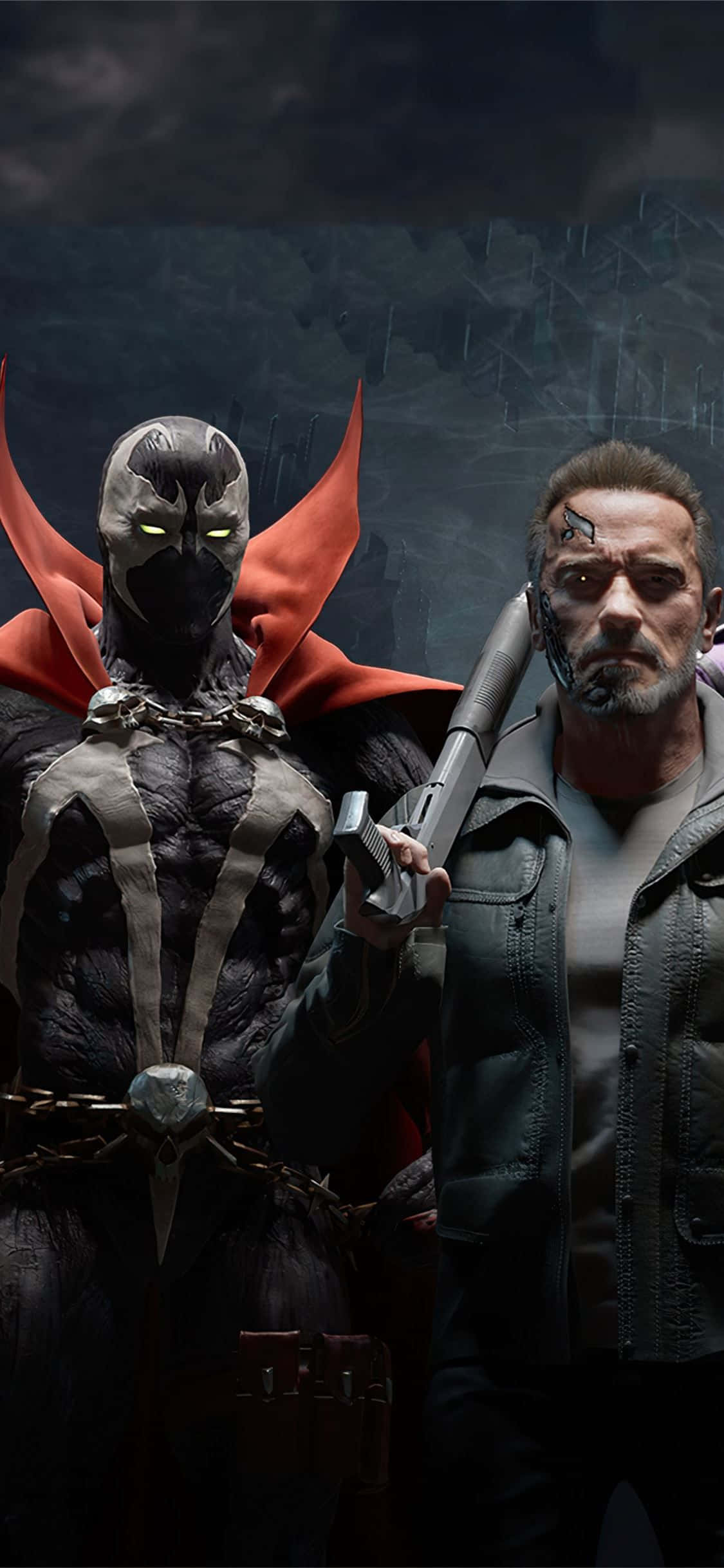 Mortal Kombat 11 Spawn 桌布 壁紙 — 兩個粗獷嘅動作人偶企喺風暴嘅城市後巷，一個戴住面具、發光嘅眼睛同紅色斗篷，另一個係鬍鬚佬揸住支槍。