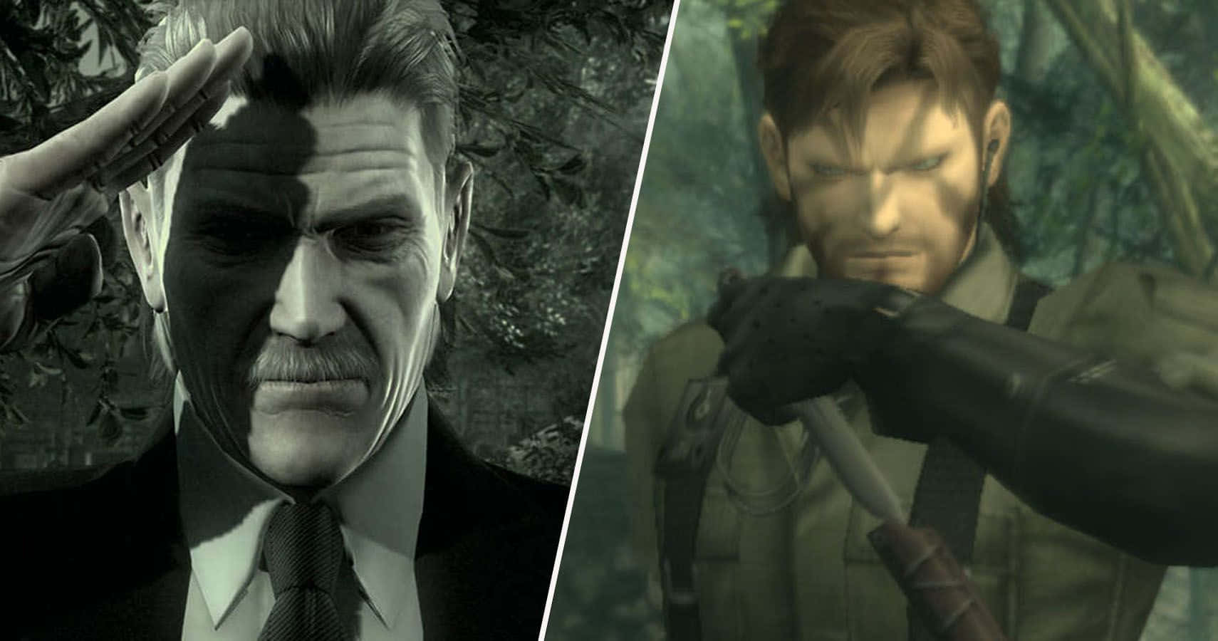 Metal Gear Solid Characters 桌布 壁紙 — 兩個粗獷的電子遊戲角色的分割畫面，一個穿著西裝敬禮，另一個在森林中握著刀。