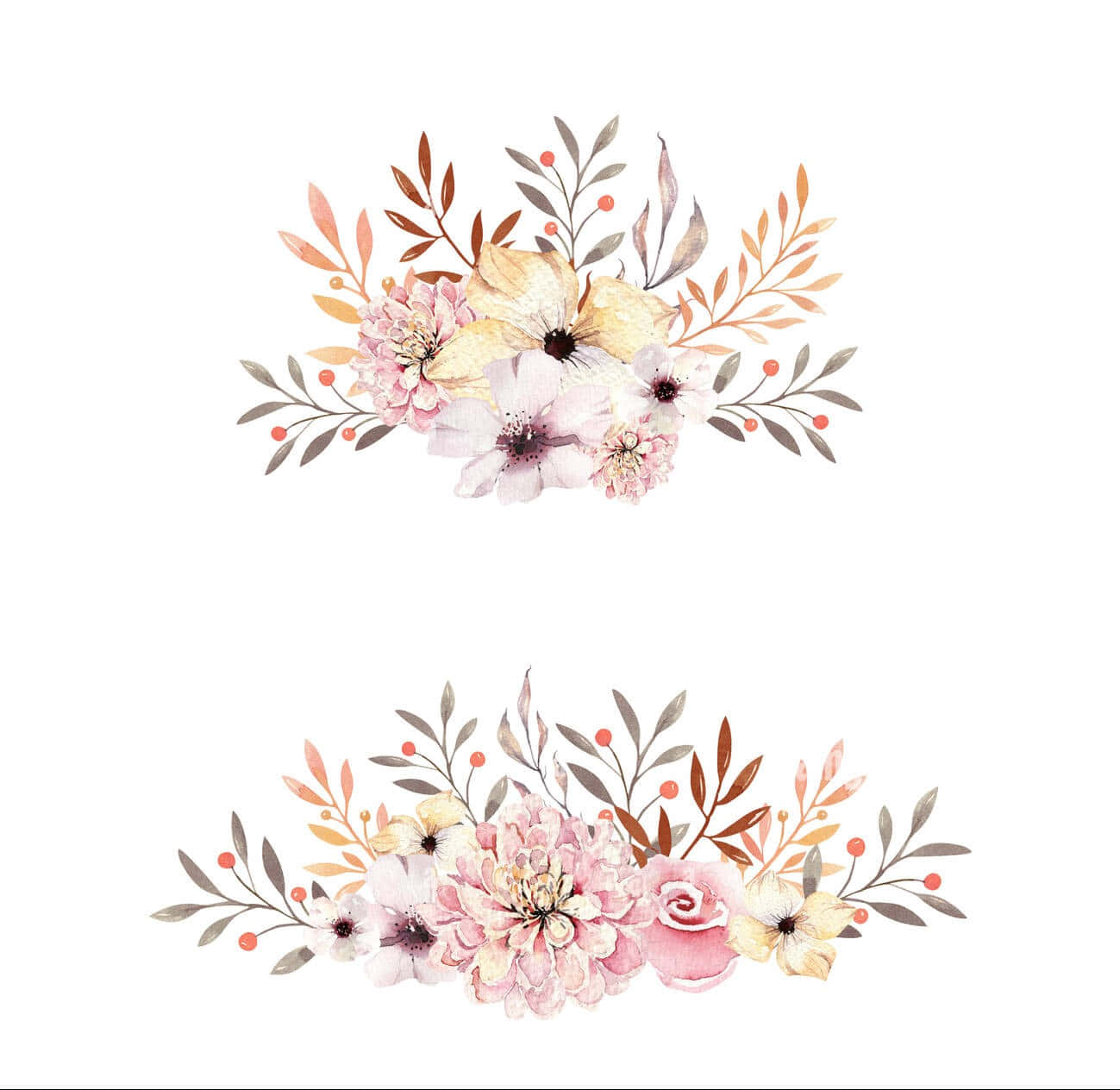 Tumblr Flower 桌布 壁紙 — 兩個精緻的水彩花卉佈置，帶有粉紅蜜桃和金色花朵，白色背景。